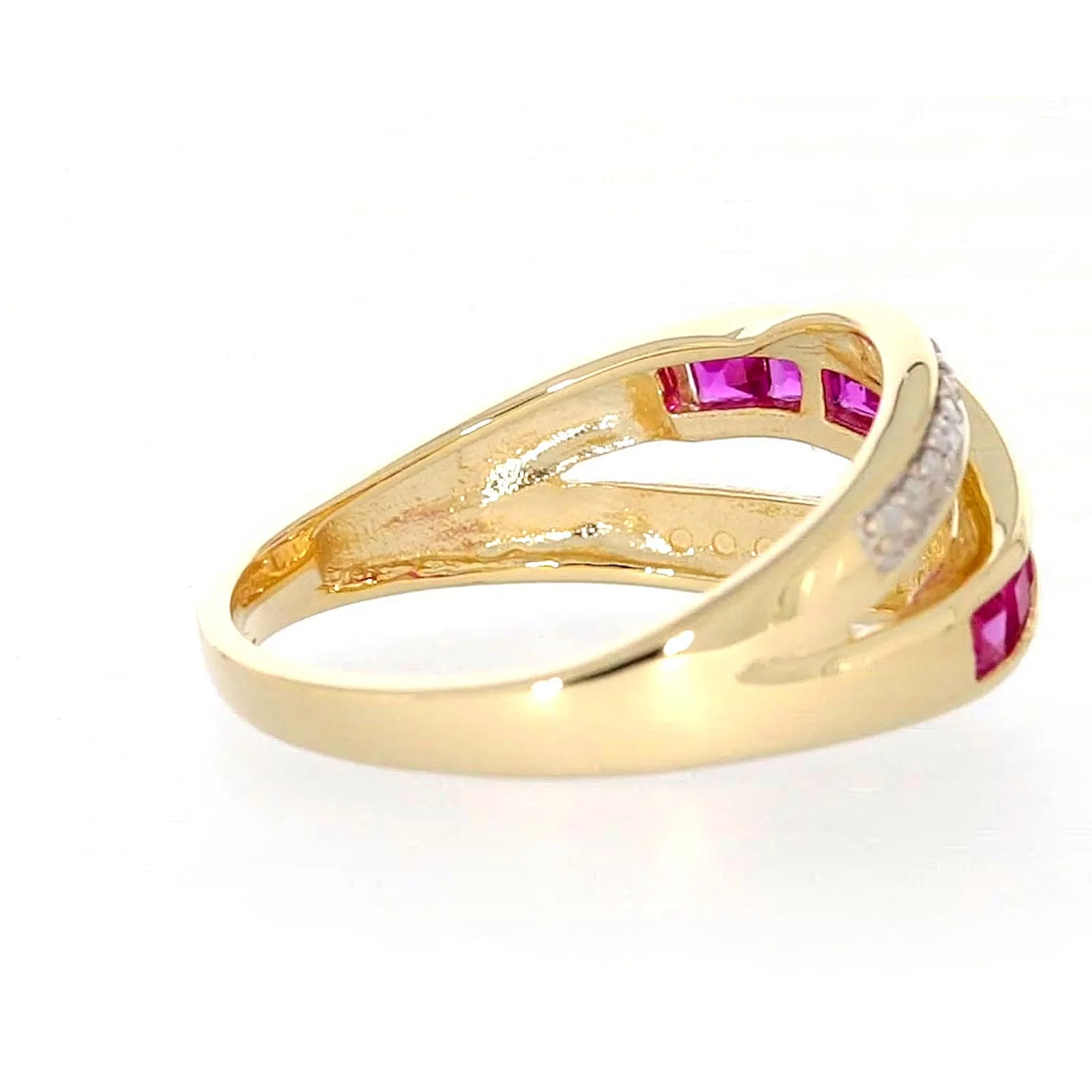 9ct Yellow Gold Square Cut  2 mm Created Ruby Diamond Set Ring