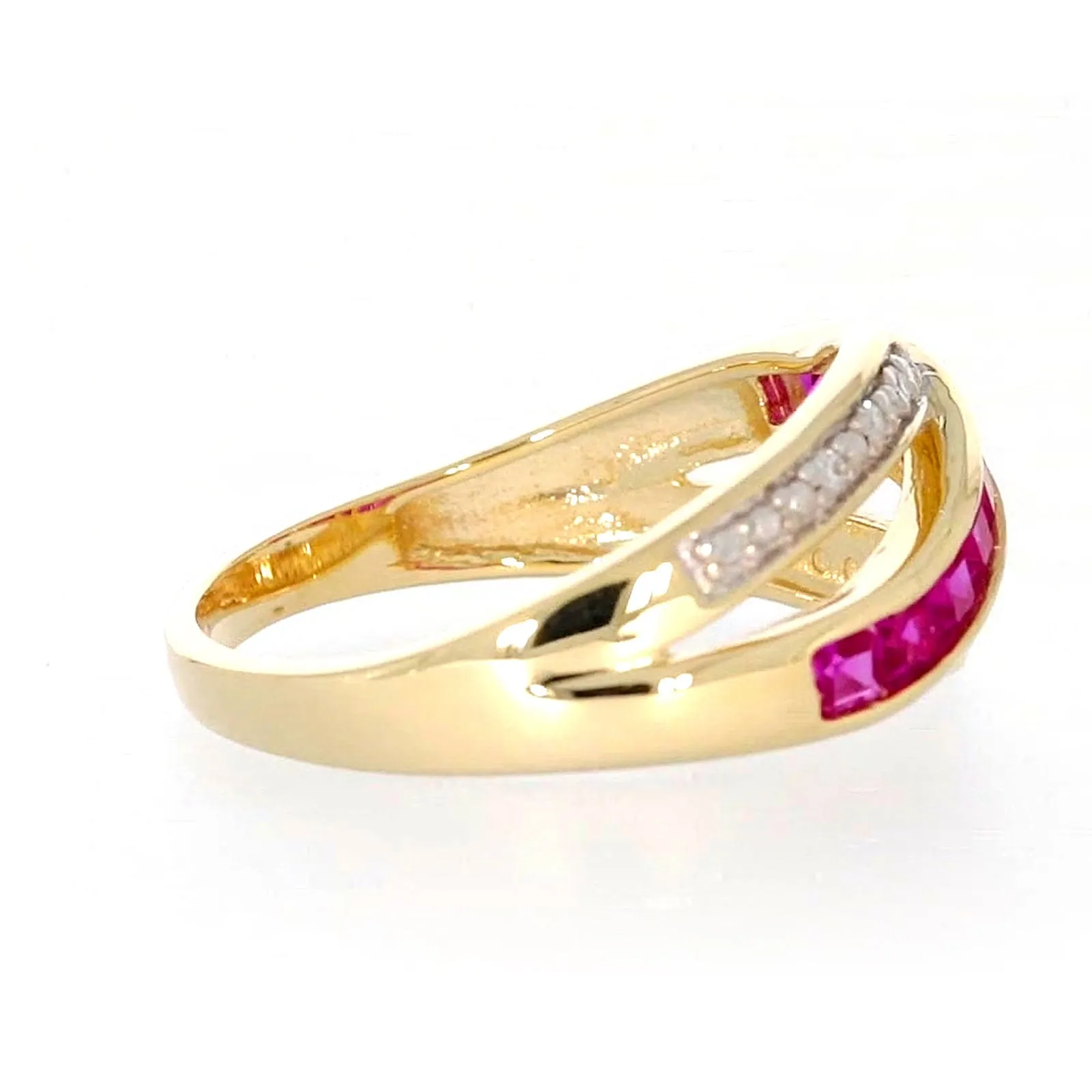 9ct Yellow Gold Square Cut  2 mm Created Ruby Diamond Set Ring