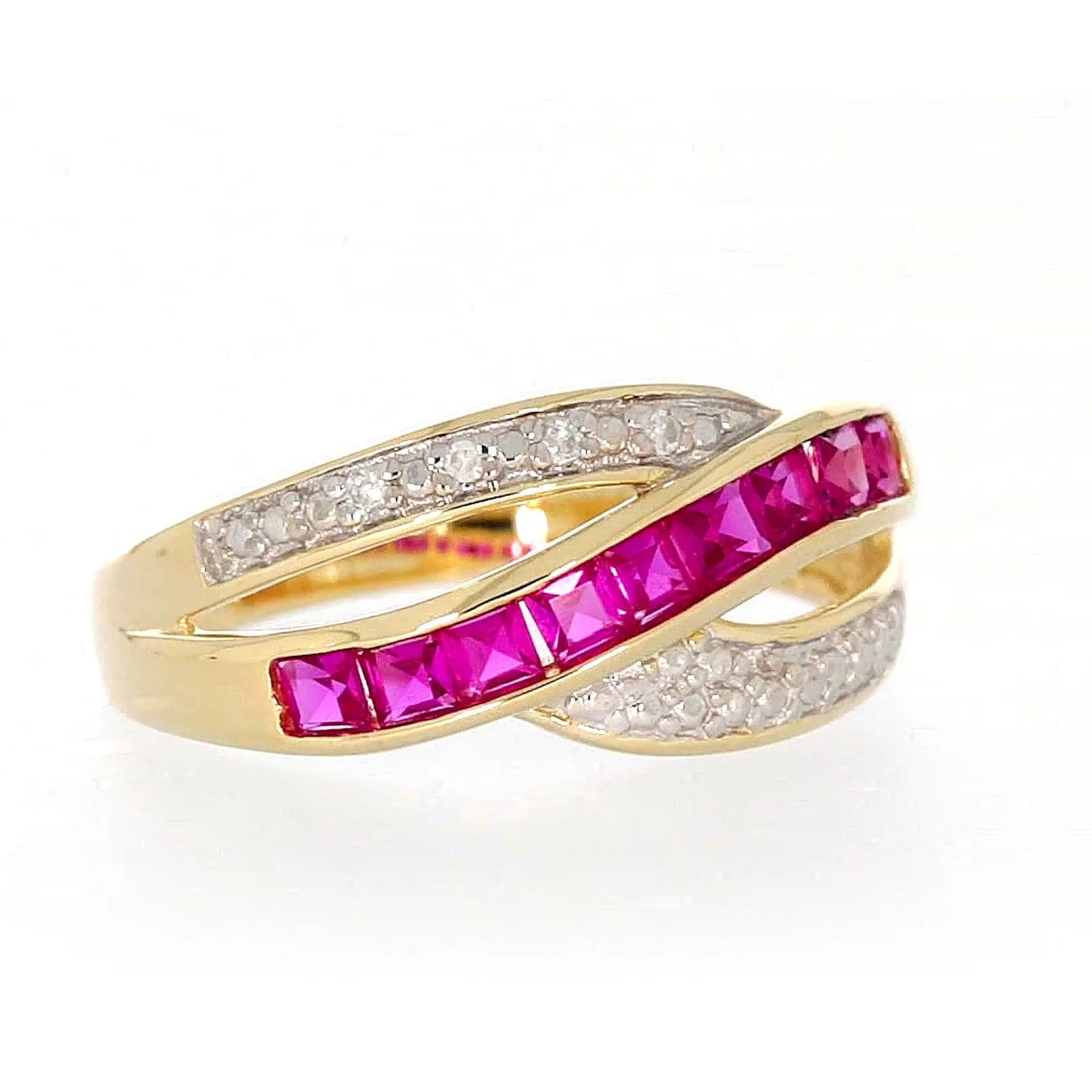 9ct Yellow Gold Square Cut  2 mm Created Ruby Diamond Set Ring