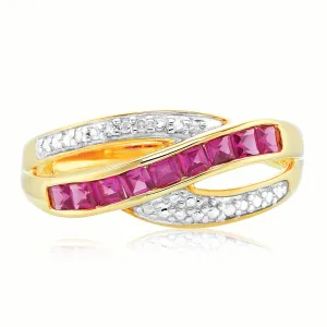 9ct Yellow Gold Square Cut  2 mm Created Ruby Diamond Set Ring