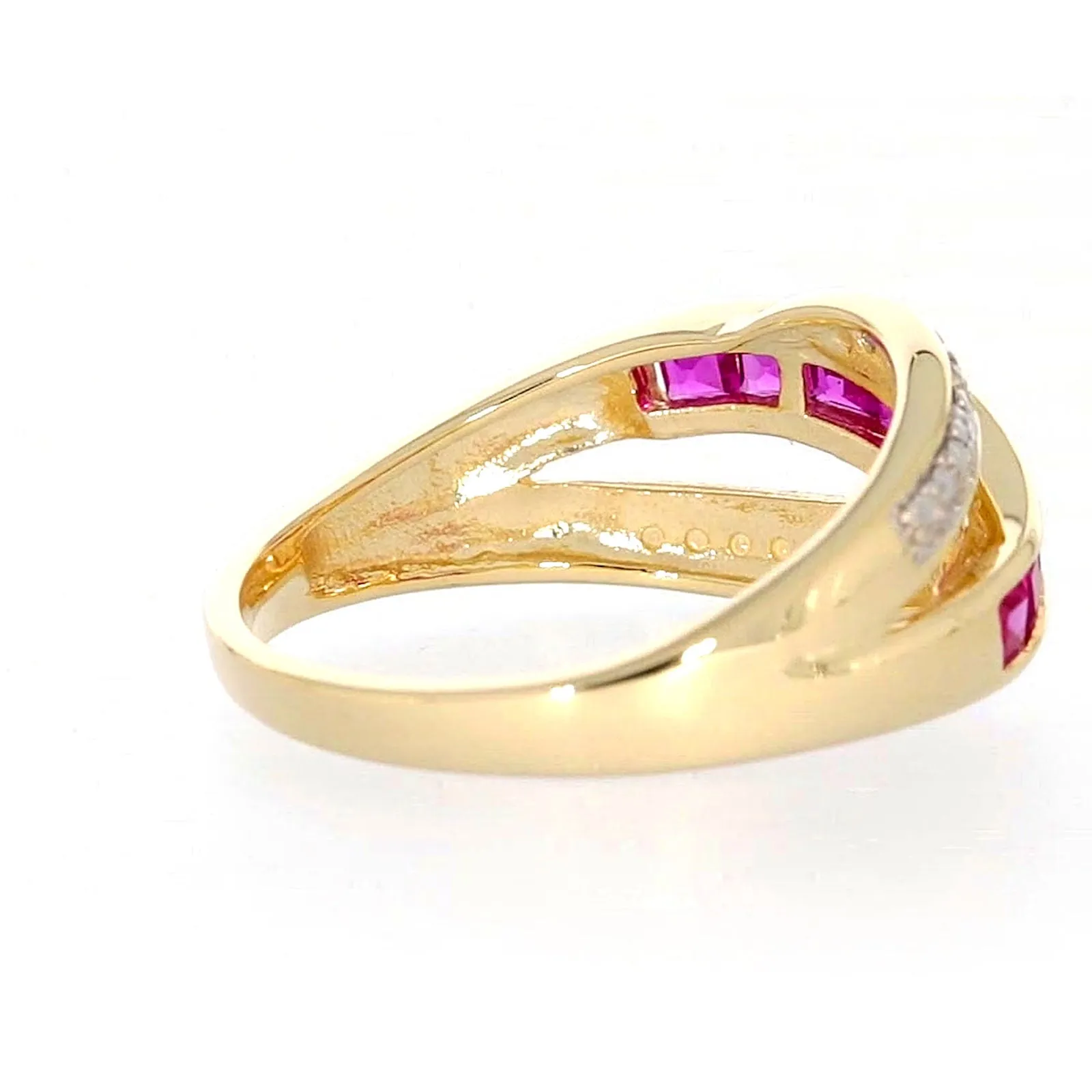 9ct Yellow Gold Square Cut  2 mm Created Ruby Diamond Set Ring