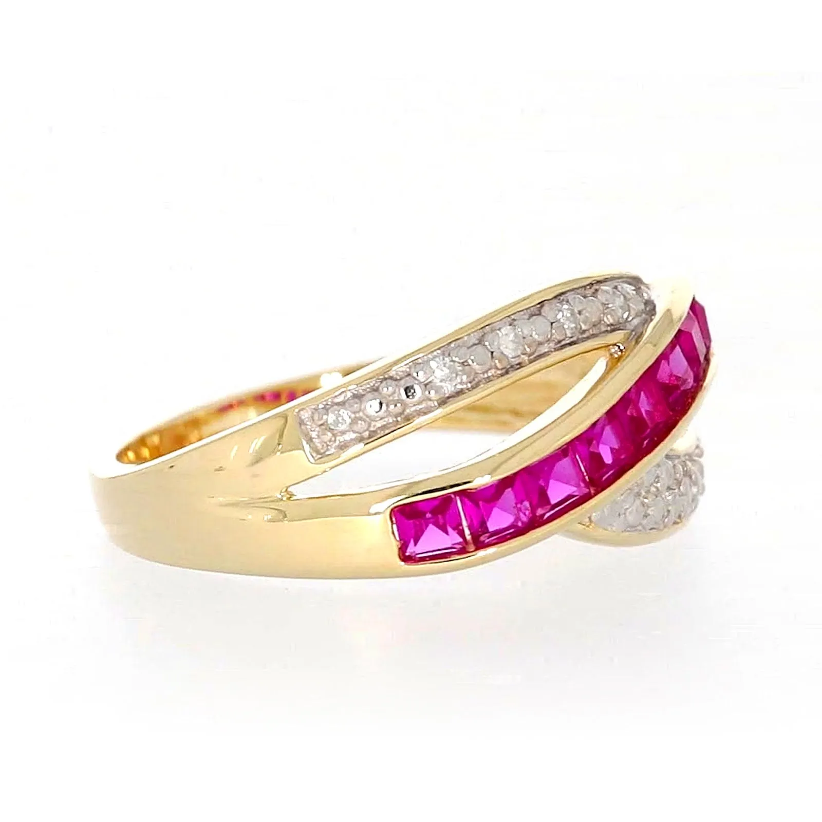 9ct Yellow Gold Square Cut  2 mm Created Ruby Diamond Set Ring