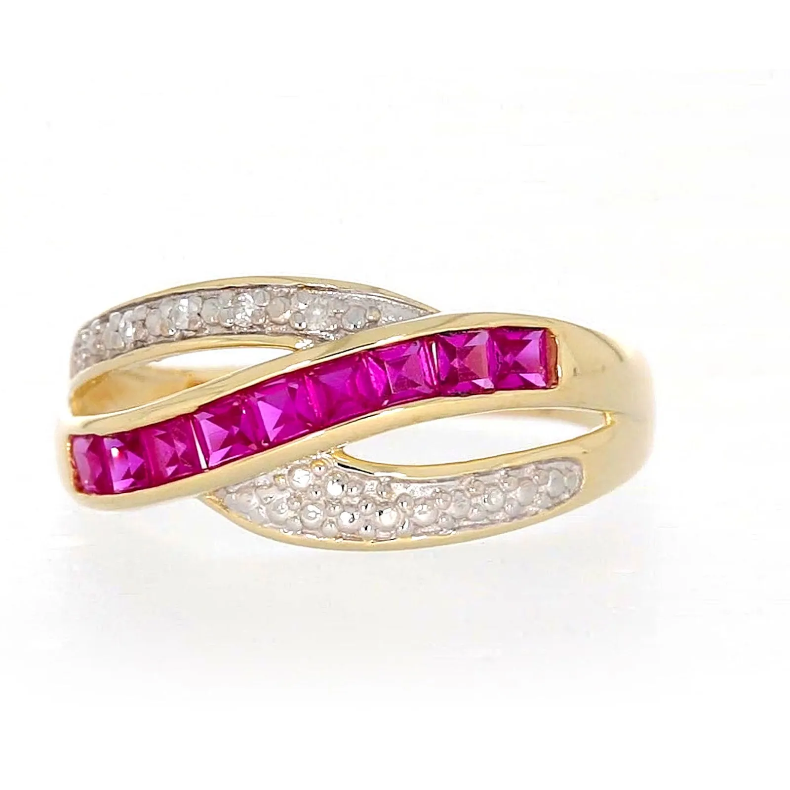 9ct Yellow Gold Square Cut  2 mm Created Ruby Diamond Set Ring