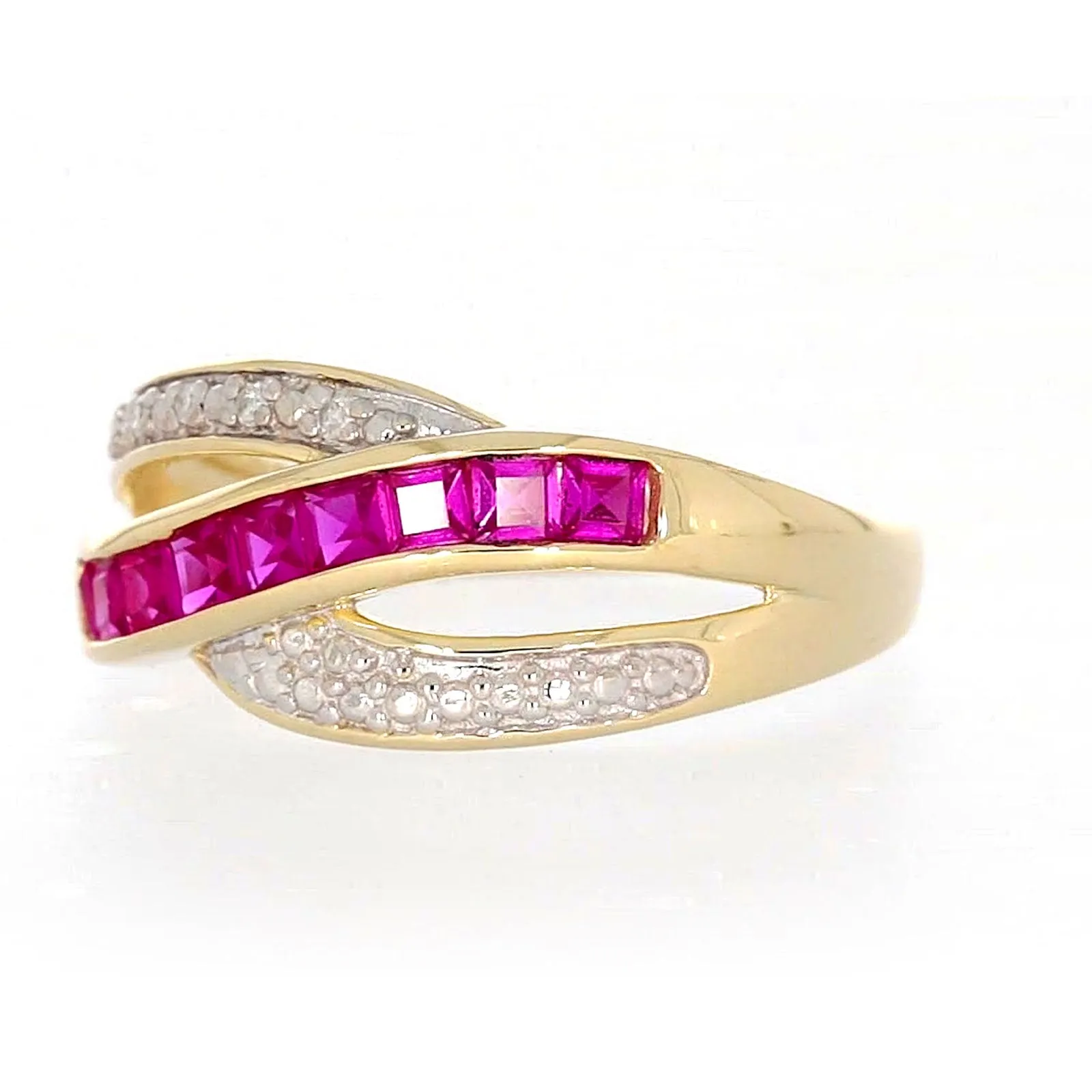 9ct Yellow Gold Square Cut  2 mm Created Ruby Diamond Set Ring