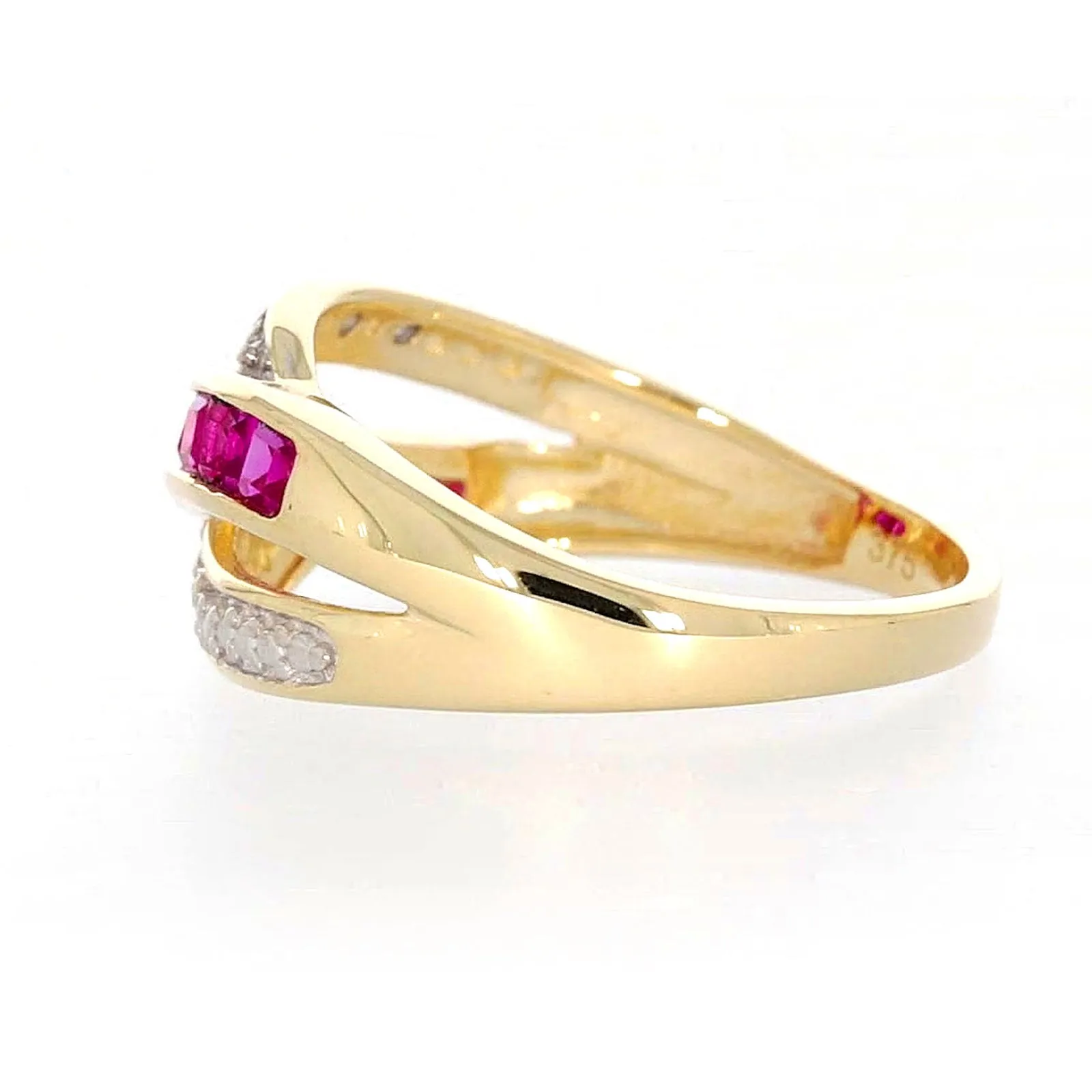 9ct Yellow Gold Square Cut  2 mm Created Ruby Diamond Set Ring