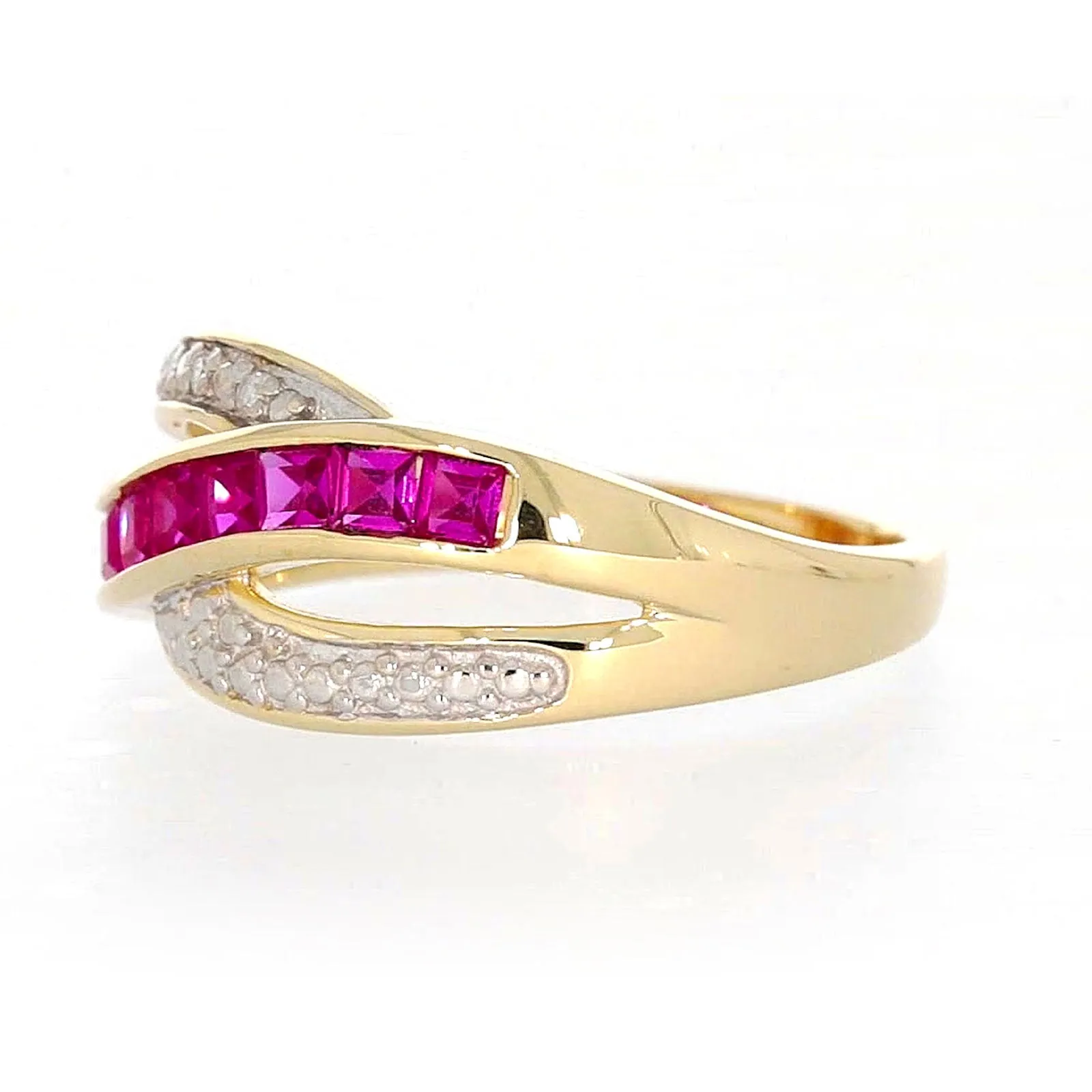 9ct Yellow Gold Square Cut  2 mm Created Ruby Diamond Set Ring