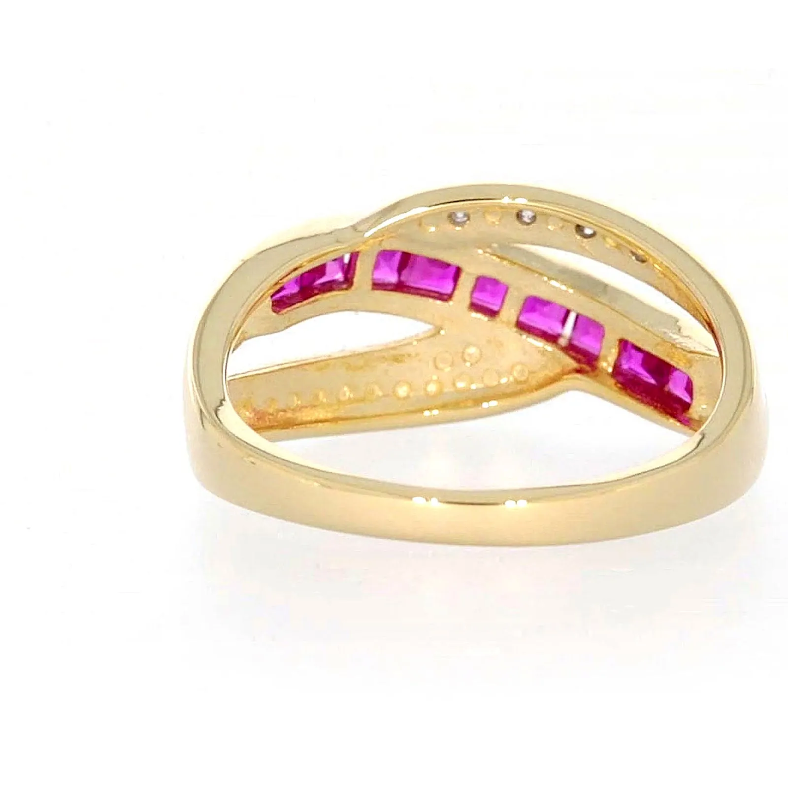 9ct Yellow Gold Square Cut  2 mm Created Ruby Diamond Set Ring