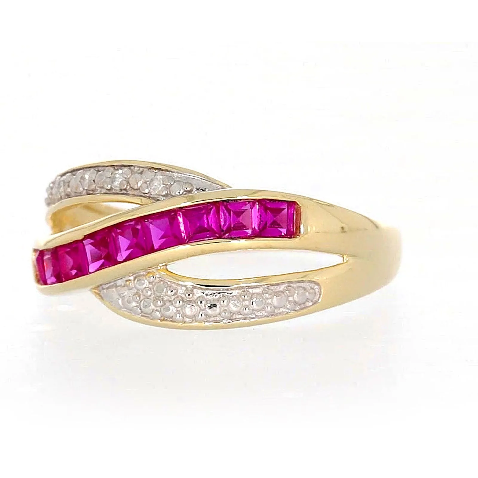 9ct Yellow Gold Square Cut  2 mm Created Ruby Diamond Set Ring