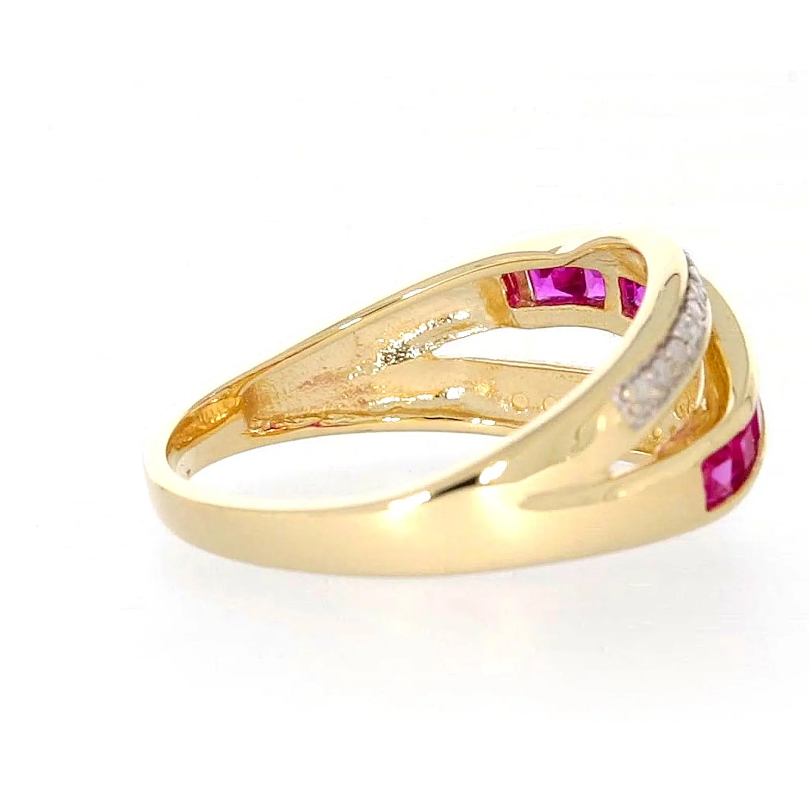 9ct Yellow Gold Square Cut  2 mm Created Ruby Diamond Set Ring