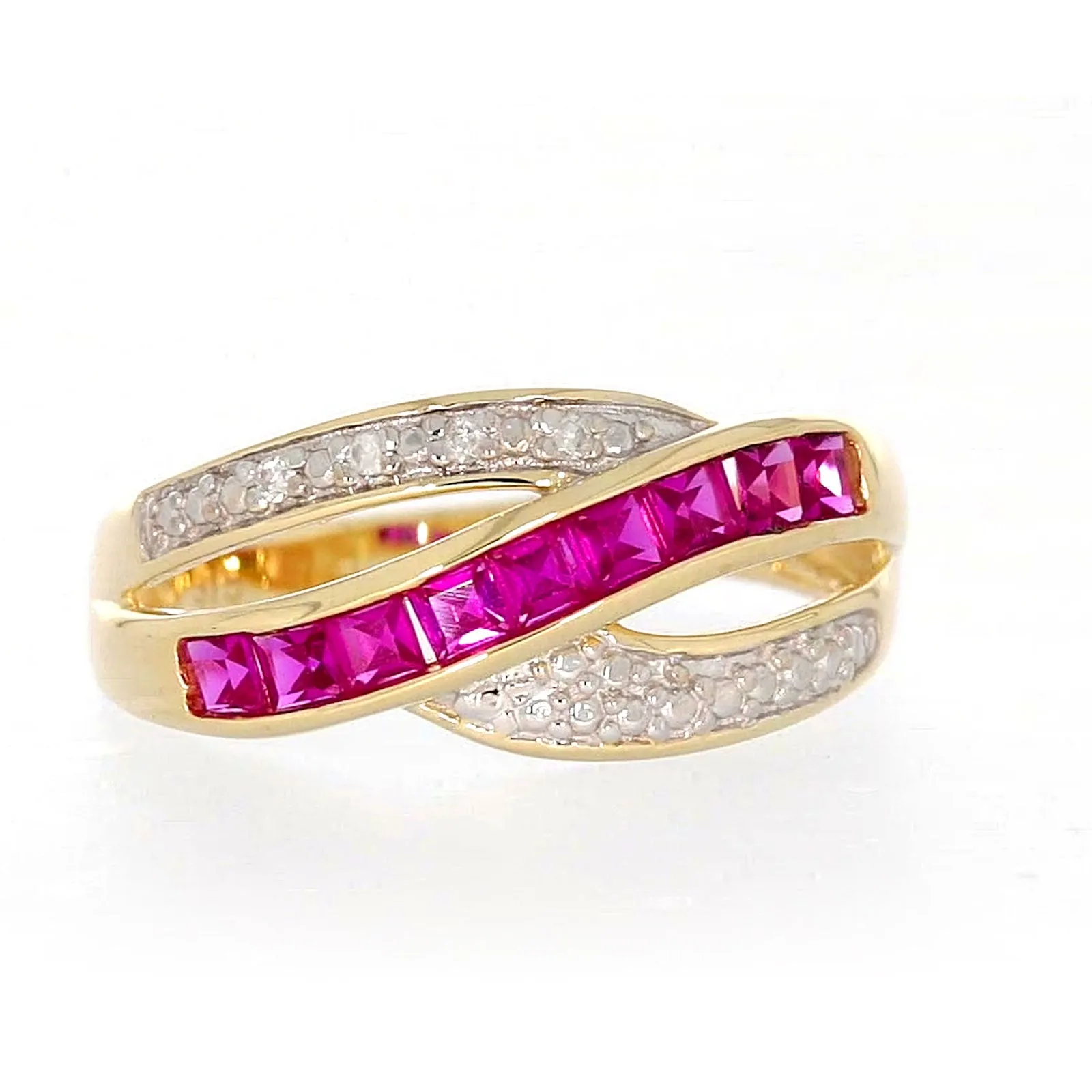 9ct Yellow Gold Square Cut  2 mm Created Ruby Diamond Set Ring
