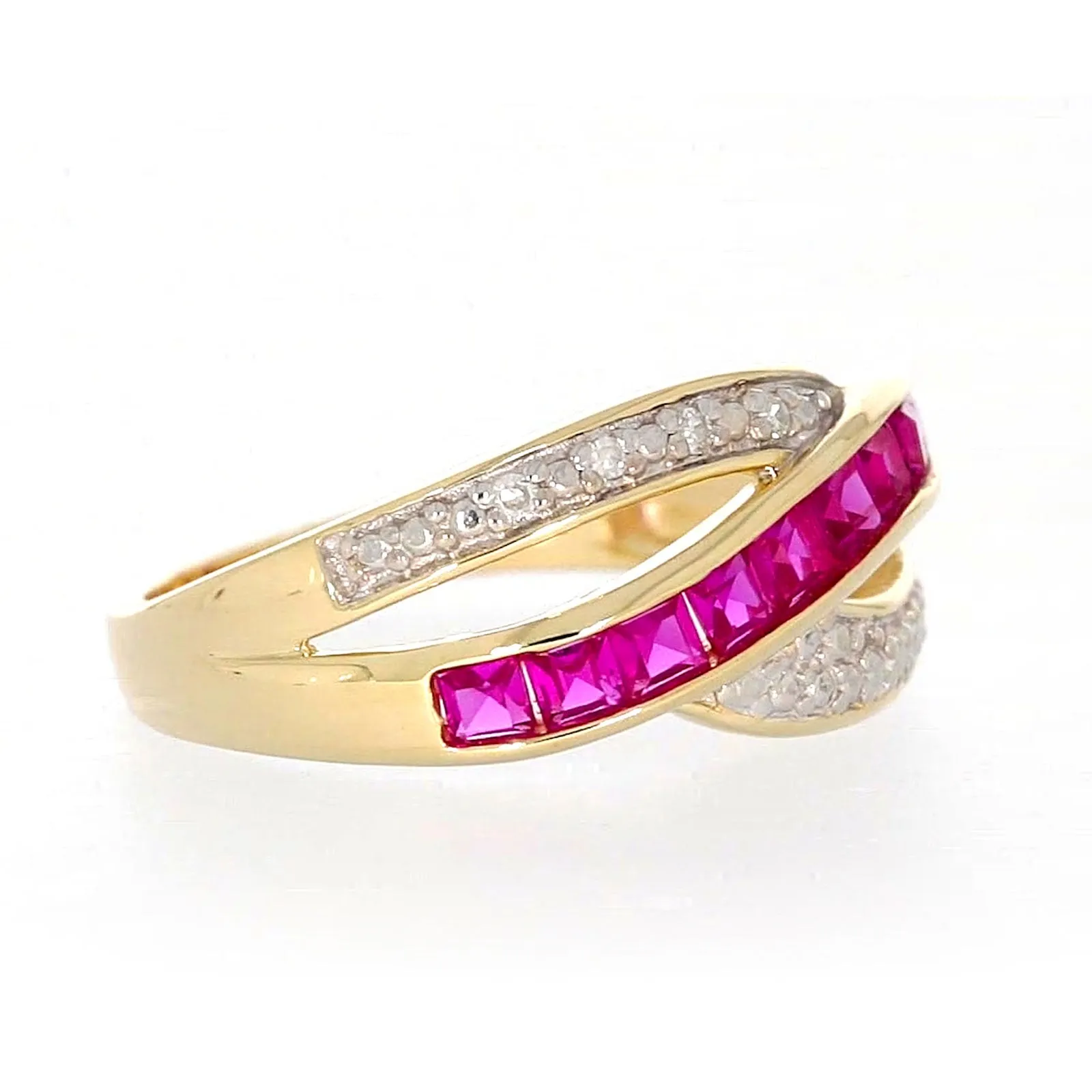 9ct Yellow Gold Square Cut  2 mm Created Ruby Diamond Set Ring