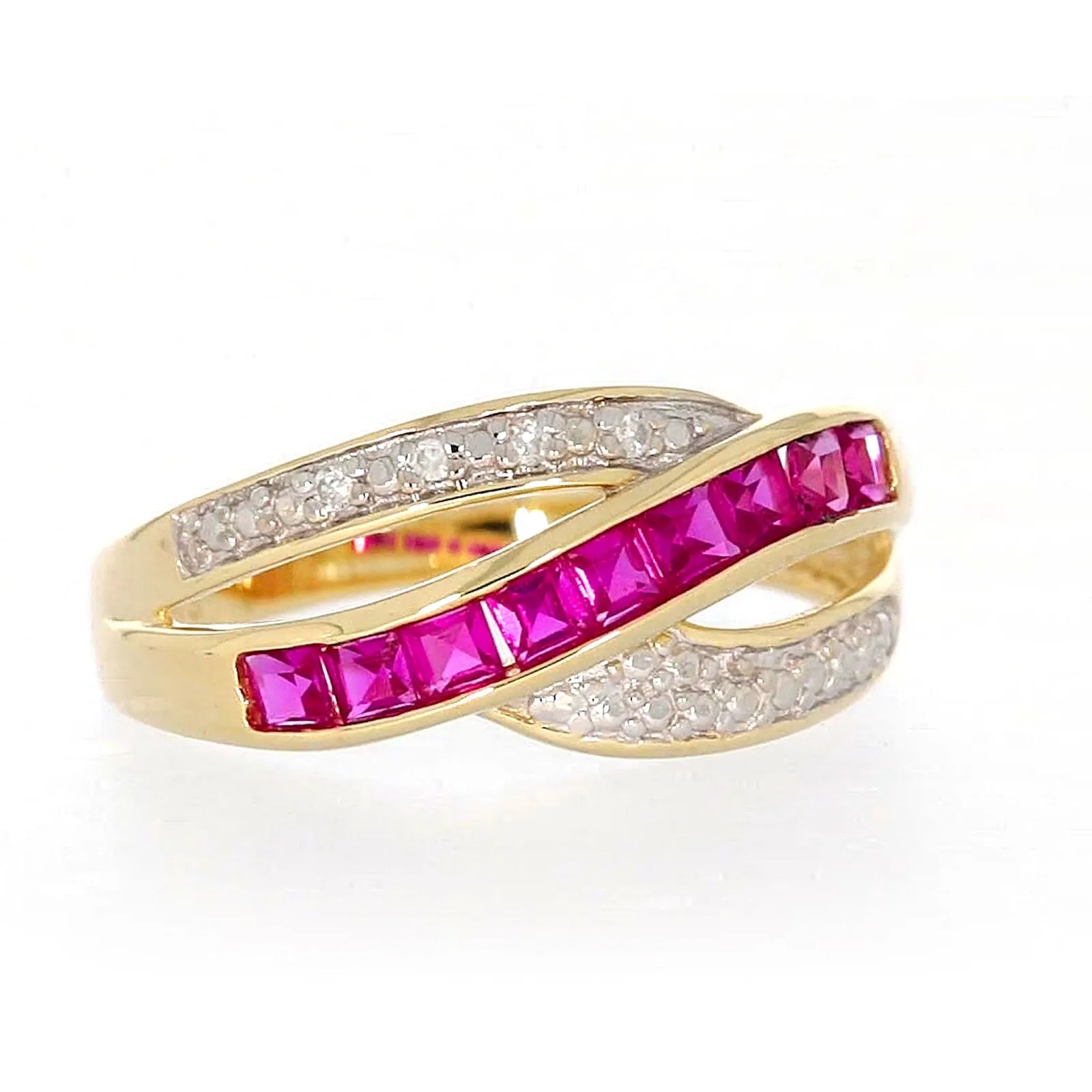 9ct Yellow Gold Square Cut  2 mm Created Ruby Diamond Set Ring