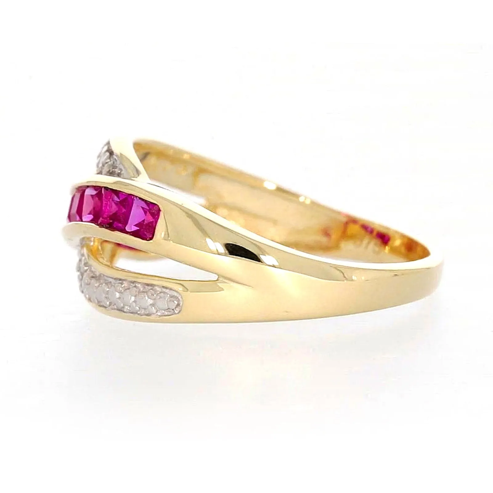 9ct Yellow Gold Square Cut  2 mm Created Ruby Diamond Set Ring