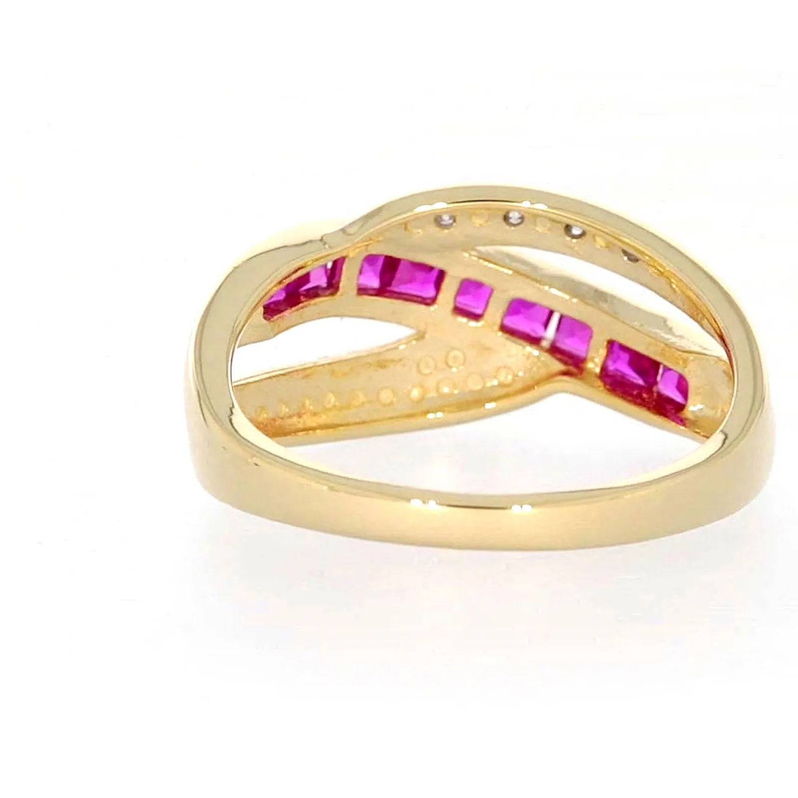 9ct Yellow Gold Square Cut  2 mm Created Ruby Diamond Set Ring