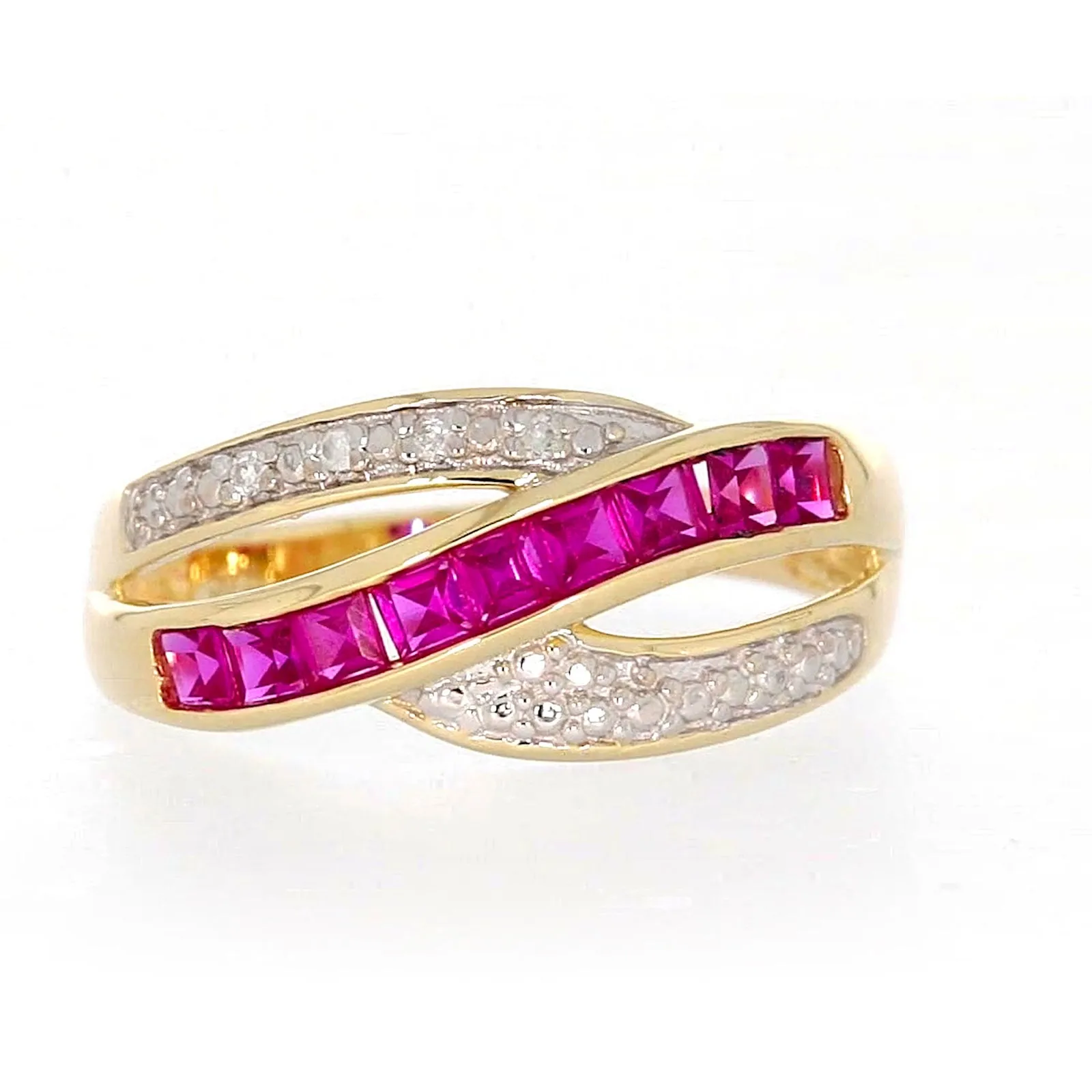 9ct Yellow Gold Square Cut  2 mm Created Ruby Diamond Set Ring