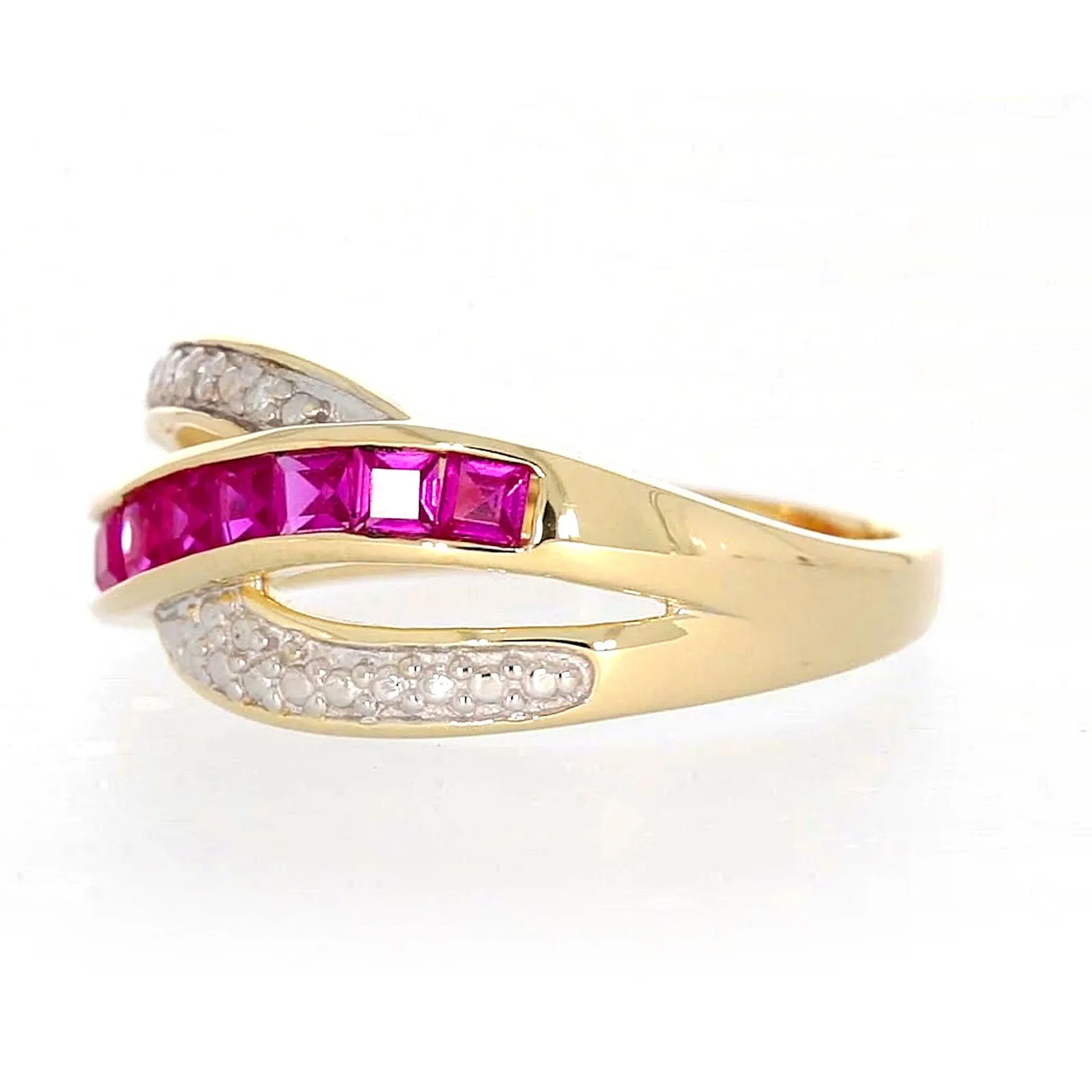 9ct Yellow Gold Square Cut  2 mm Created Ruby Diamond Set Ring