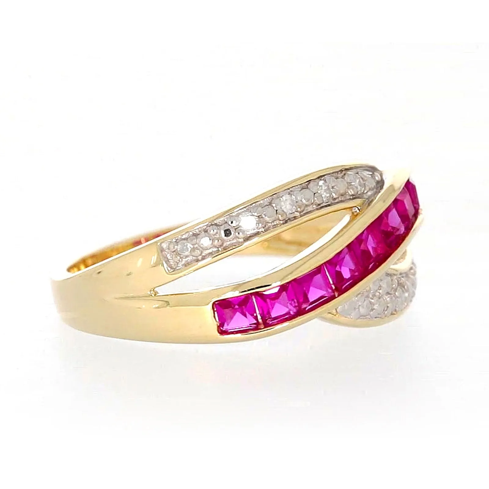 9ct Yellow Gold Square Cut  2 mm Created Ruby Diamond Set Ring