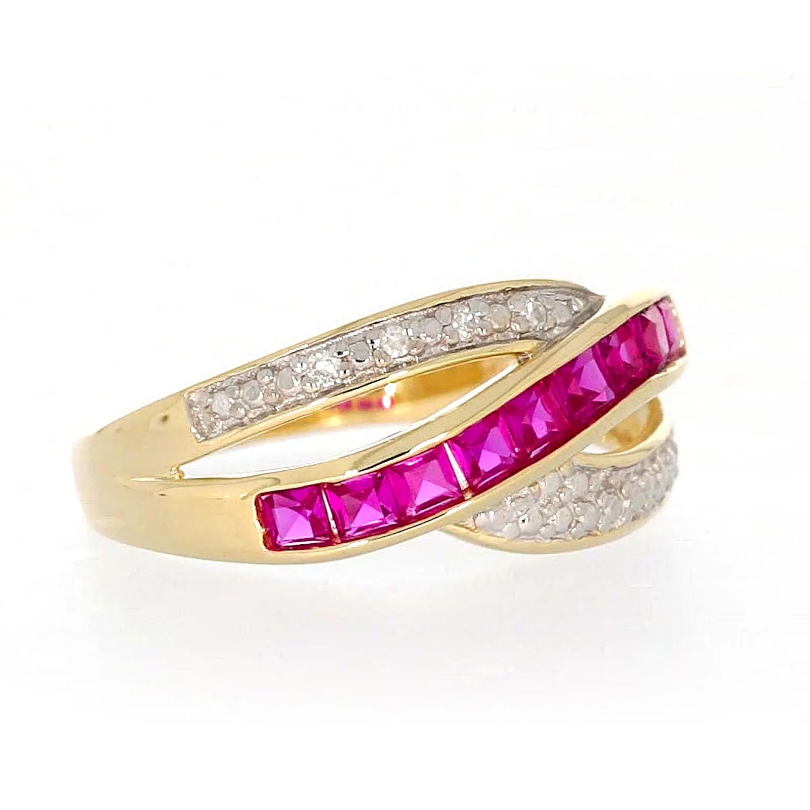 9ct Yellow Gold Square Cut  2 mm Created Ruby Diamond Set Ring