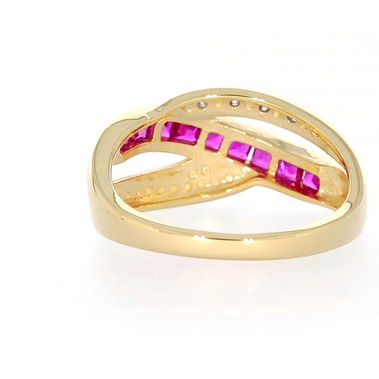 9ct Yellow Gold Square Cut  2 mm Created Ruby Diamond Set Ring