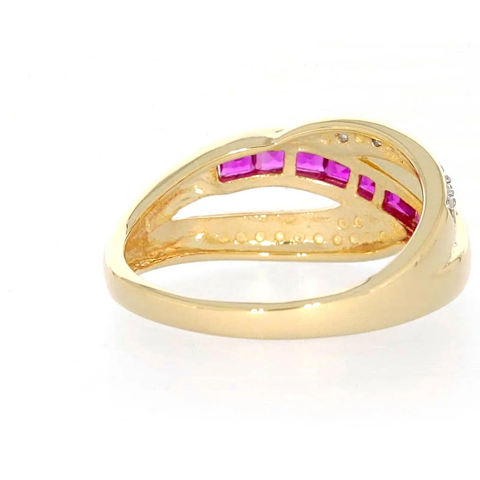 9ct Yellow Gold Square Cut  2 mm Created Ruby Diamond Set Ring