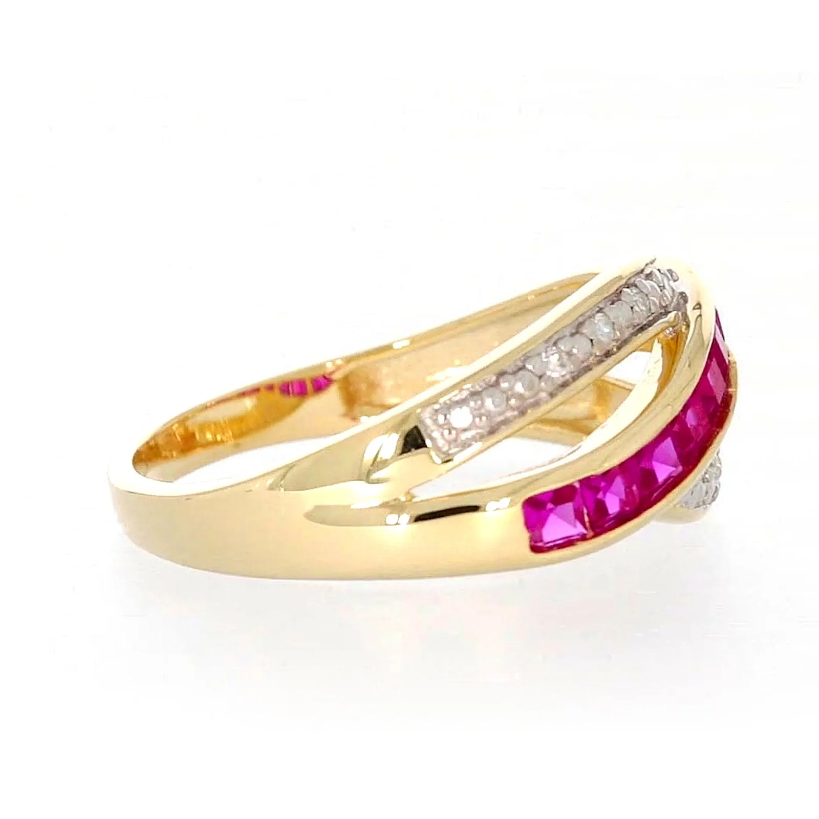 9ct Yellow Gold Square Cut  2 mm Created Ruby Diamond Set Ring