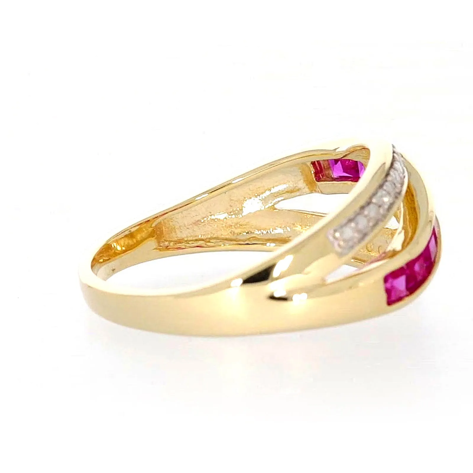 9ct Yellow Gold Square Cut  2 mm Created Ruby Diamond Set Ring