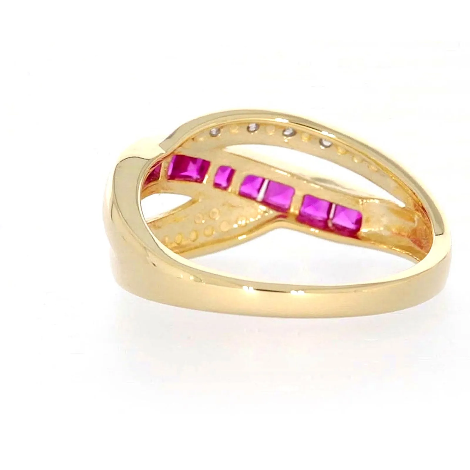9ct Yellow Gold Square Cut  2 mm Created Ruby Diamond Set Ring