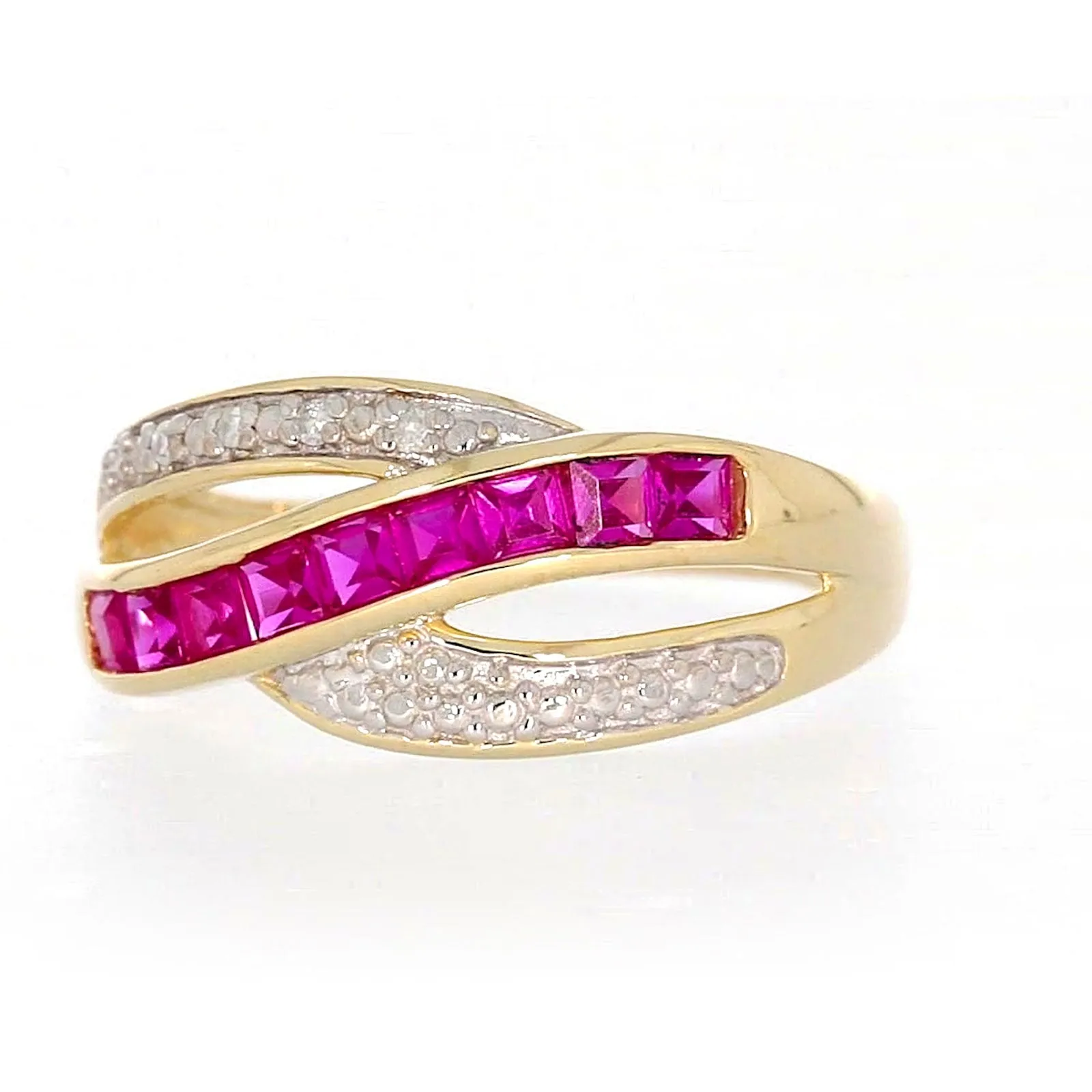 9ct Yellow Gold Square Cut  2 mm Created Ruby Diamond Set Ring