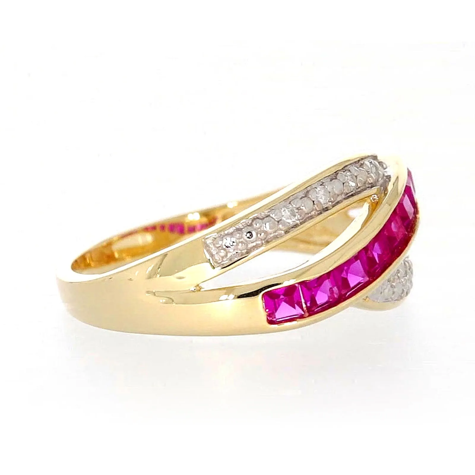 9ct Yellow Gold Square Cut  2 mm Created Ruby Diamond Set Ring