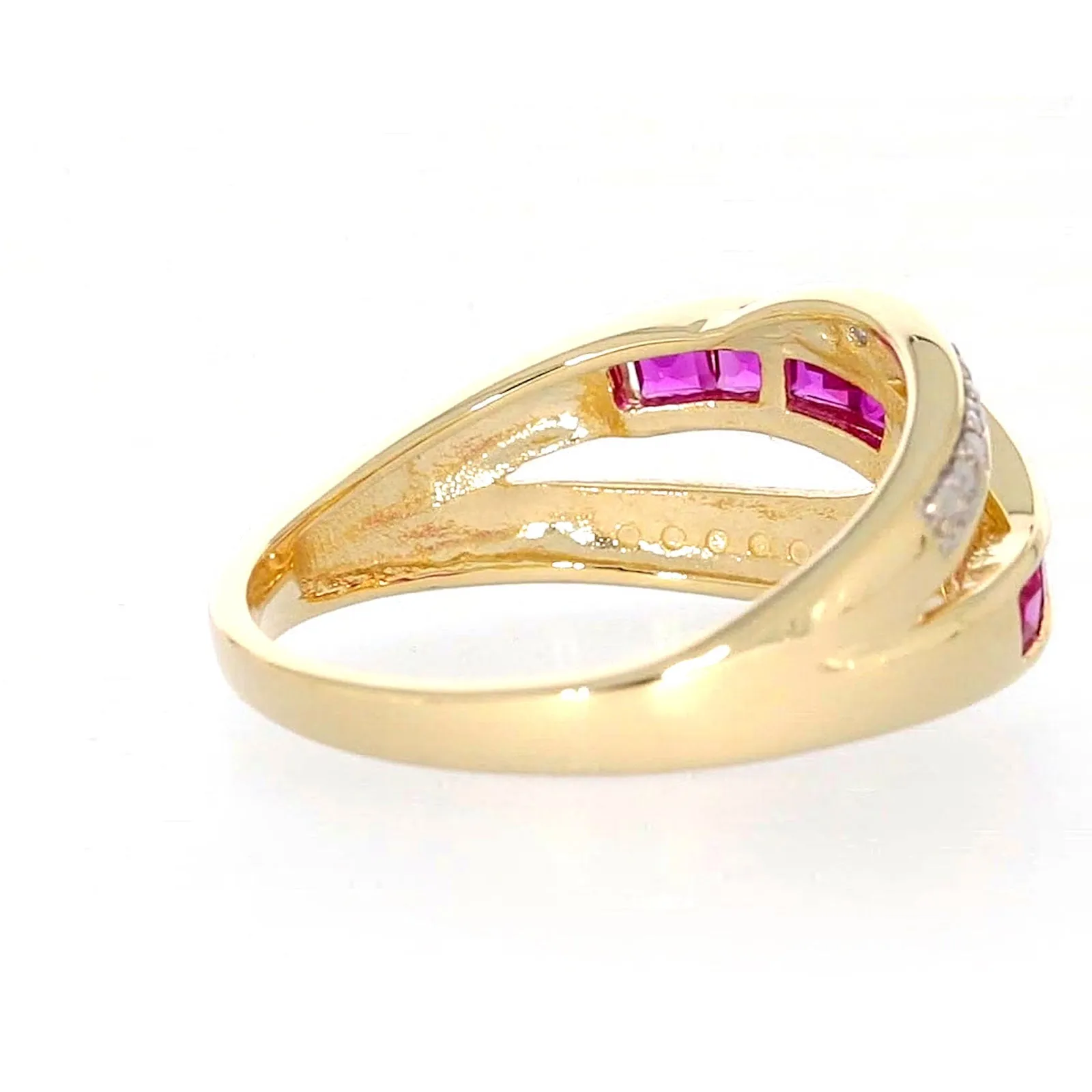 9ct Yellow Gold Square Cut  2 mm Created Ruby Diamond Set Ring
