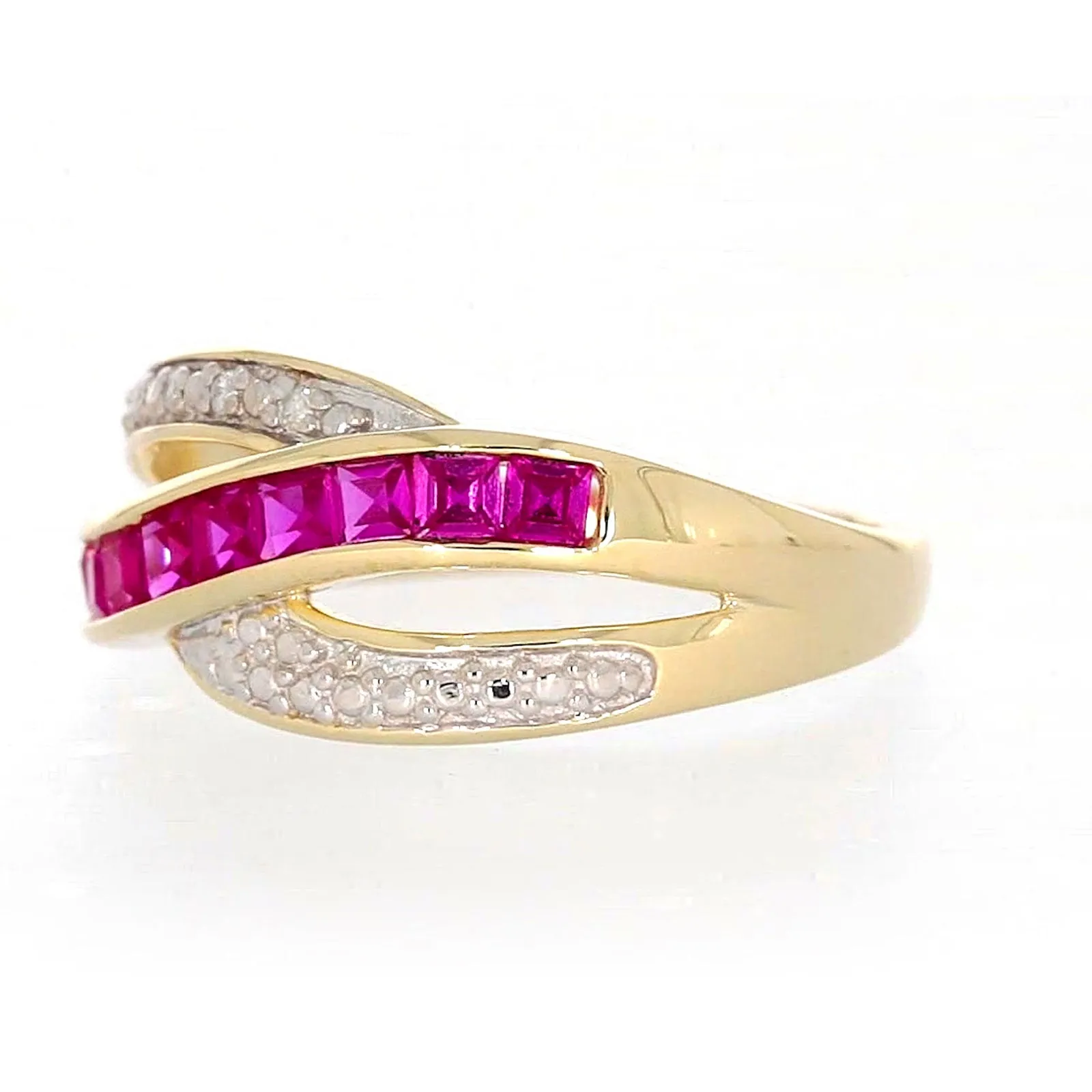 9ct Yellow Gold Square Cut  2 mm Created Ruby Diamond Set Ring