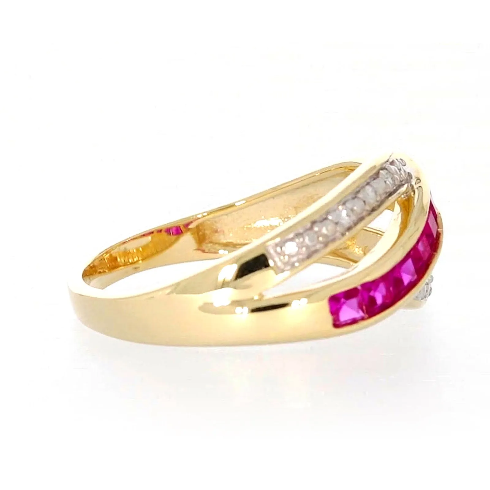 9ct Yellow Gold Square Cut  2 mm Created Ruby Diamond Set Ring