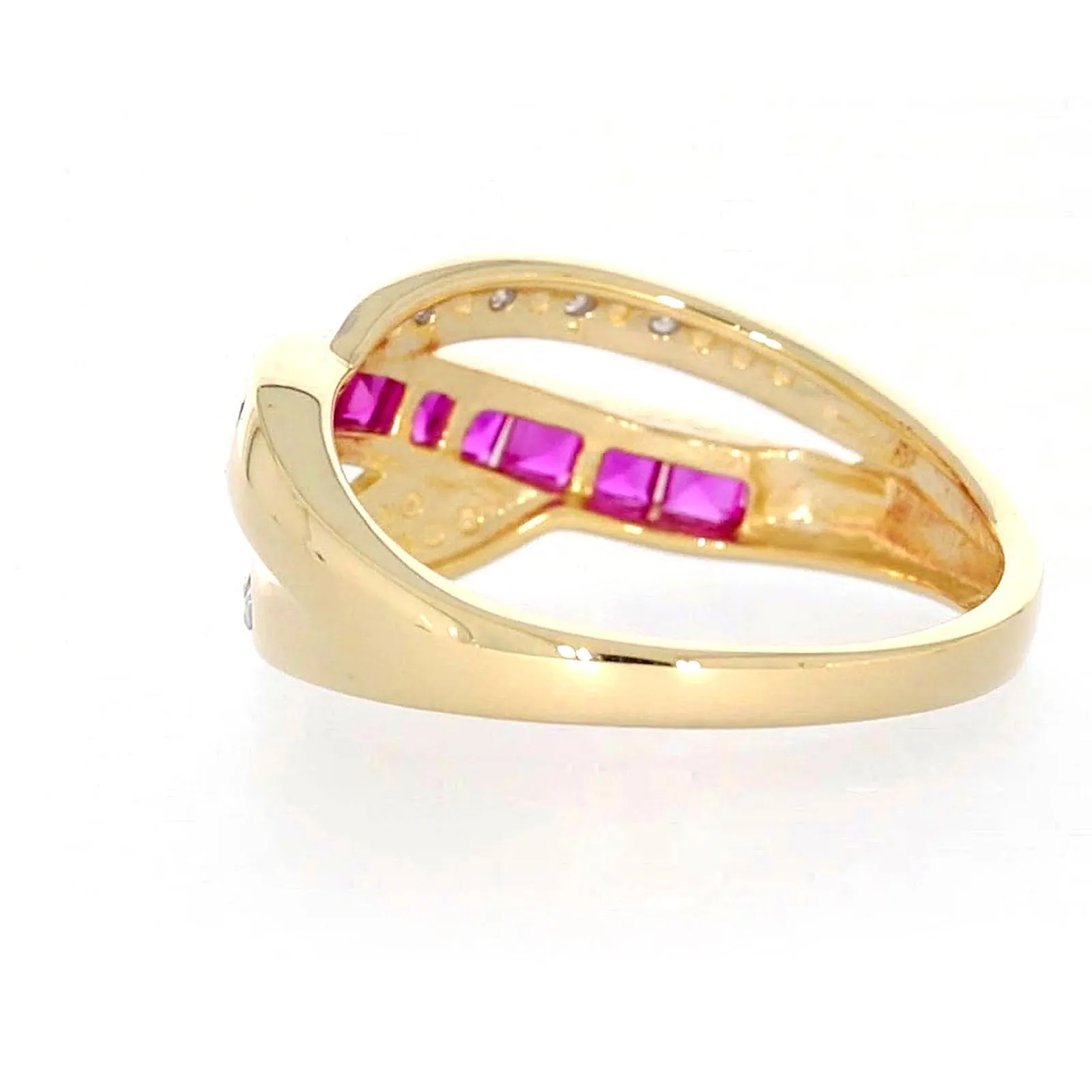 9ct Yellow Gold Square Cut  2 mm Created Ruby Diamond Set Ring