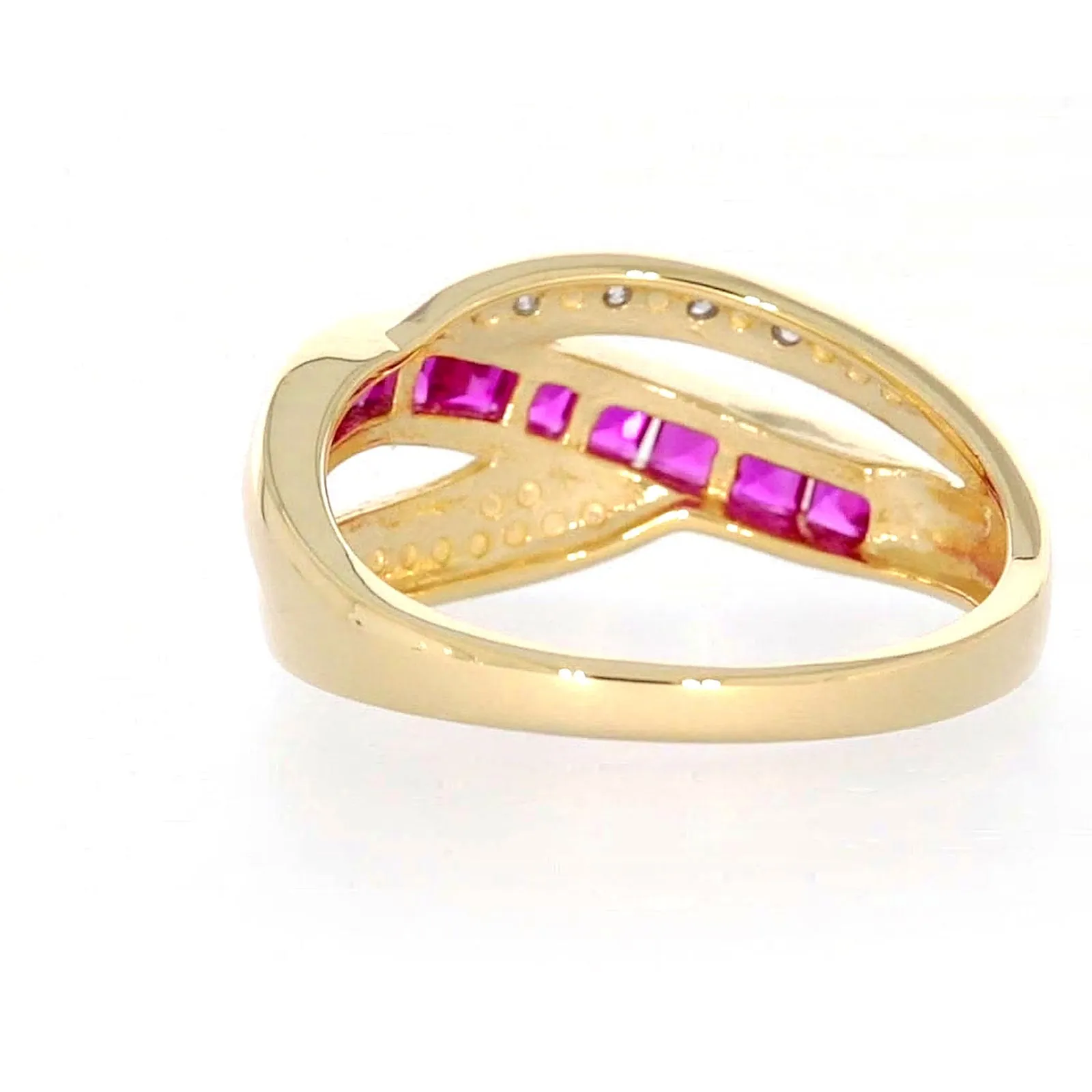 9ct Yellow Gold Square Cut  2 mm Created Ruby Diamond Set Ring