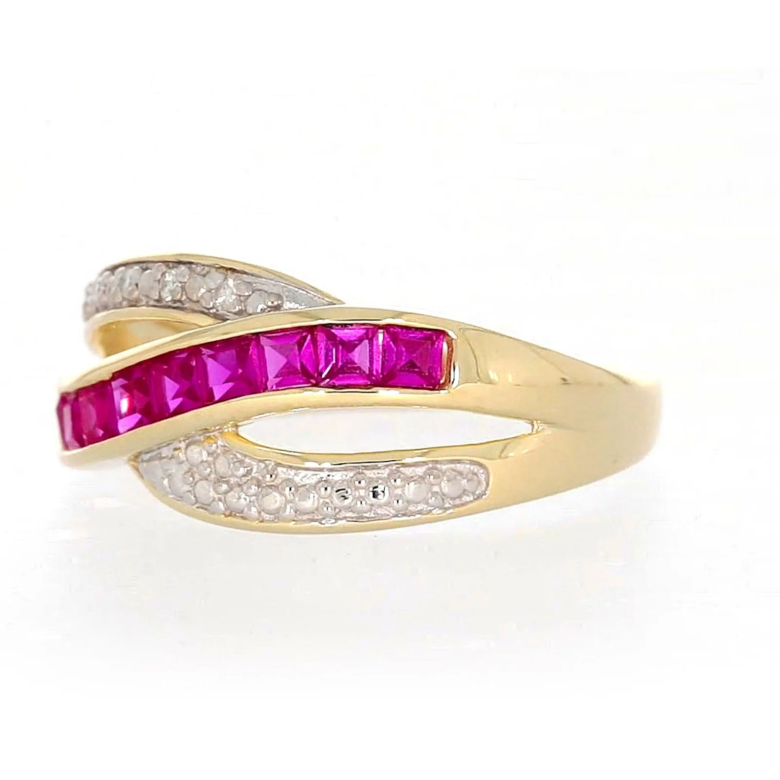 9ct Yellow Gold Square Cut  2 mm Created Ruby Diamond Set Ring