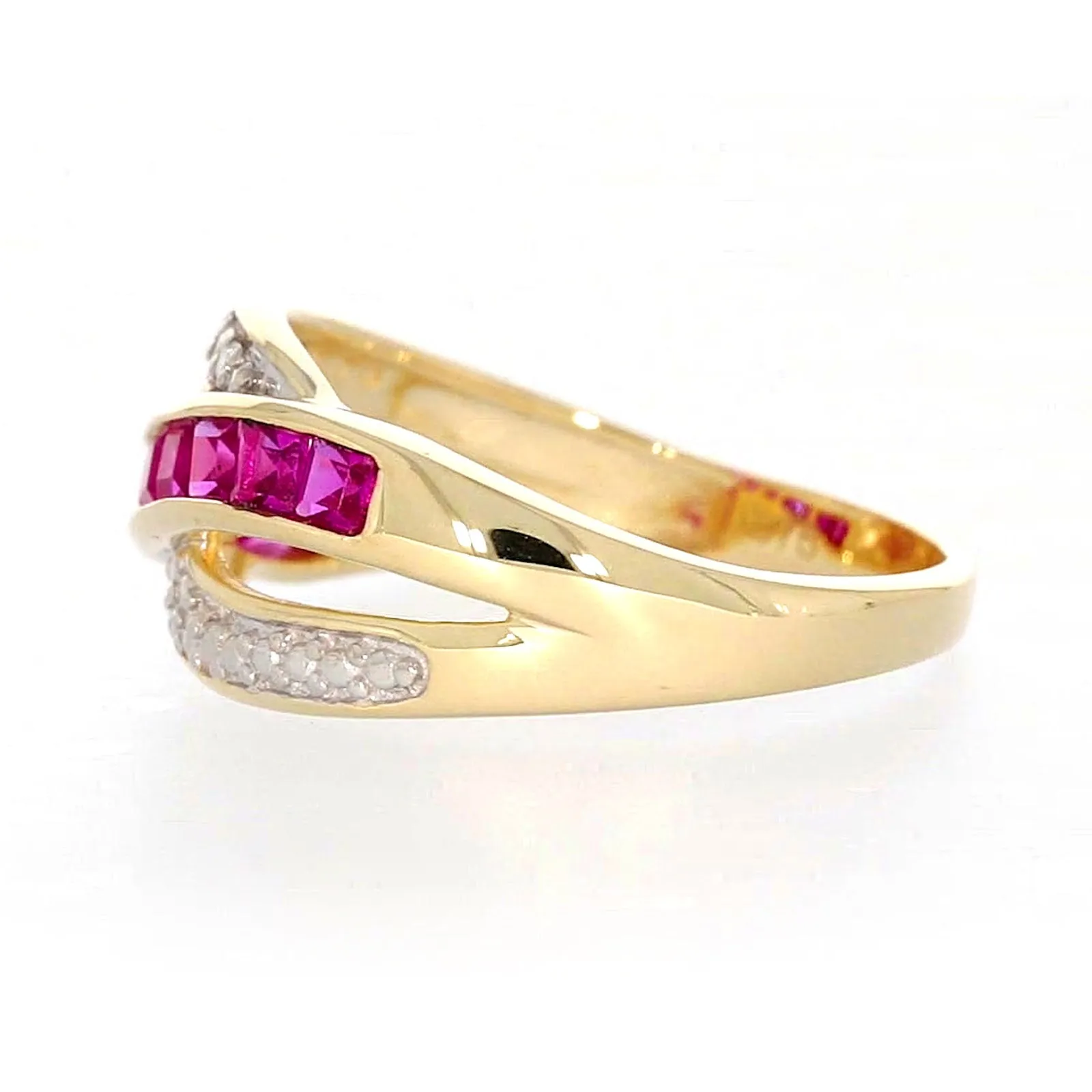 9ct Yellow Gold Square Cut  2 mm Created Ruby Diamond Set Ring