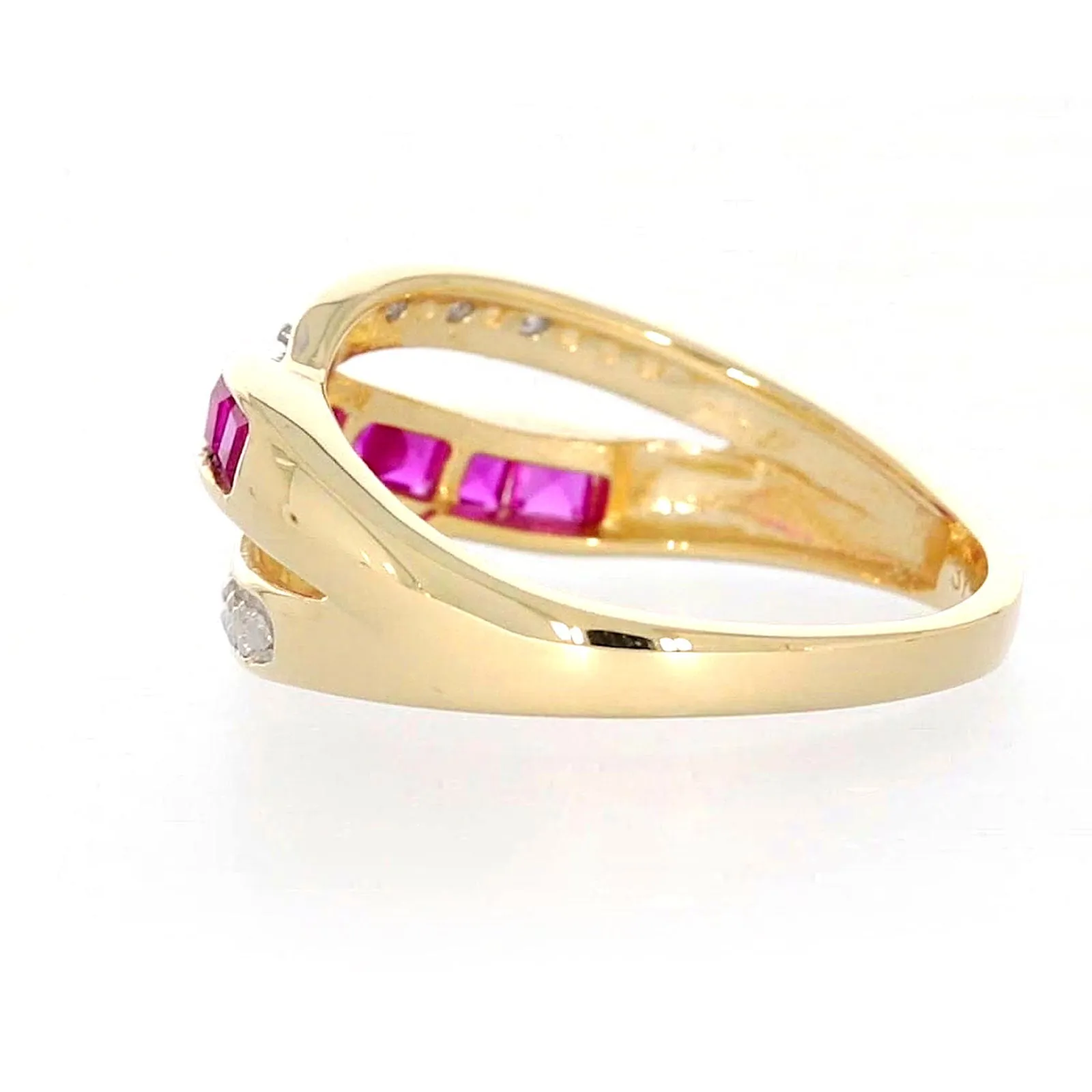 9ct Yellow Gold Square Cut  2 mm Created Ruby Diamond Set Ring