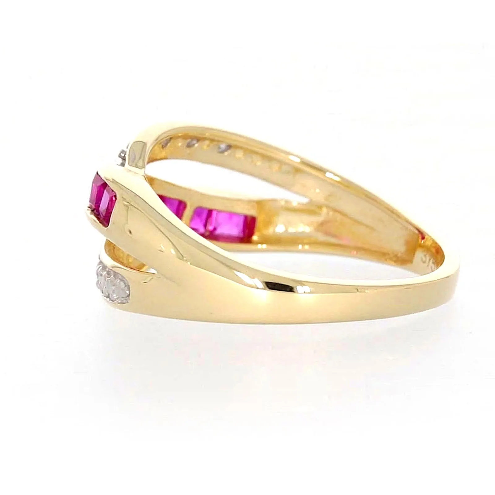 9ct Yellow Gold Square Cut  2 mm Created Ruby Diamond Set Ring