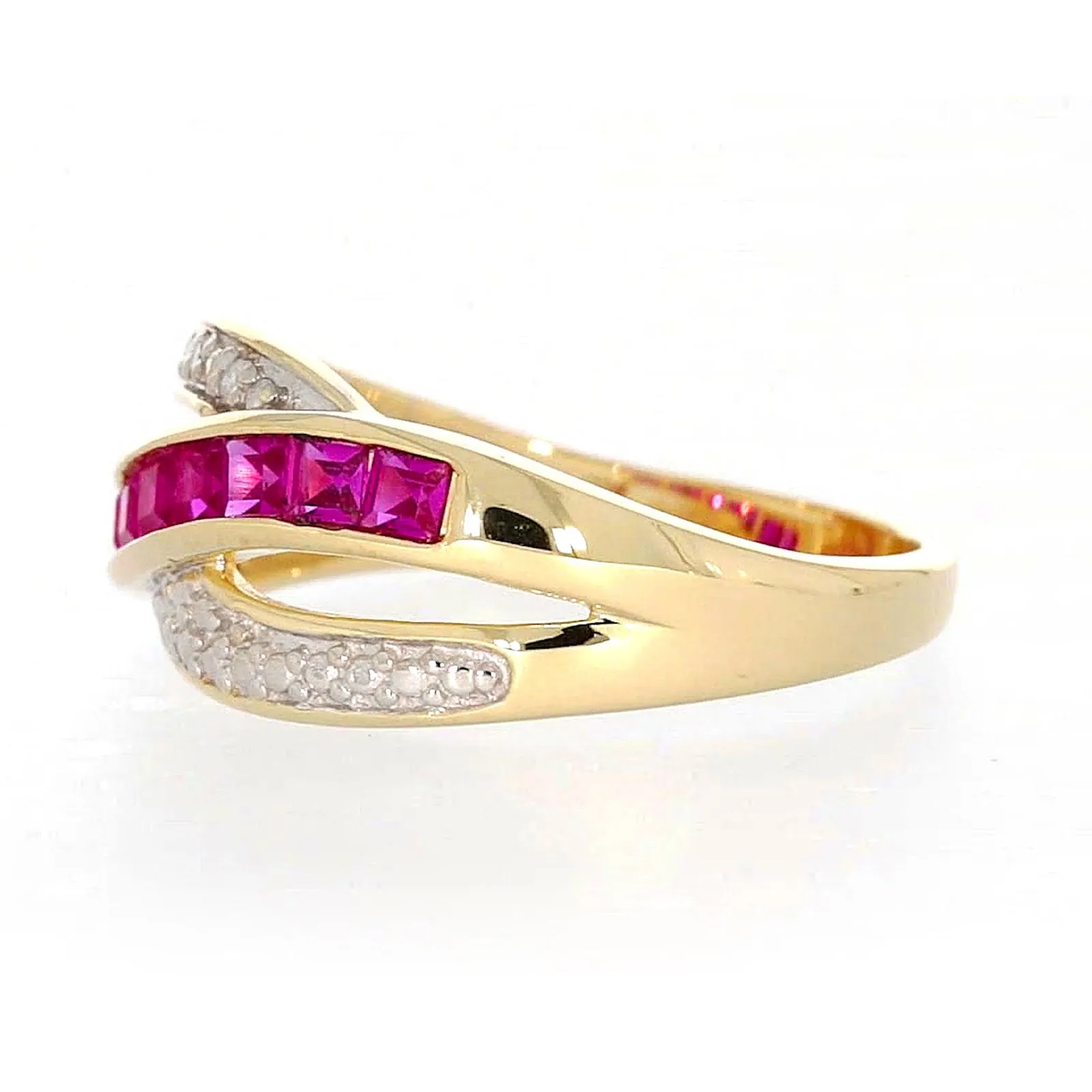 9ct Yellow Gold Square Cut  2 mm Created Ruby Diamond Set Ring