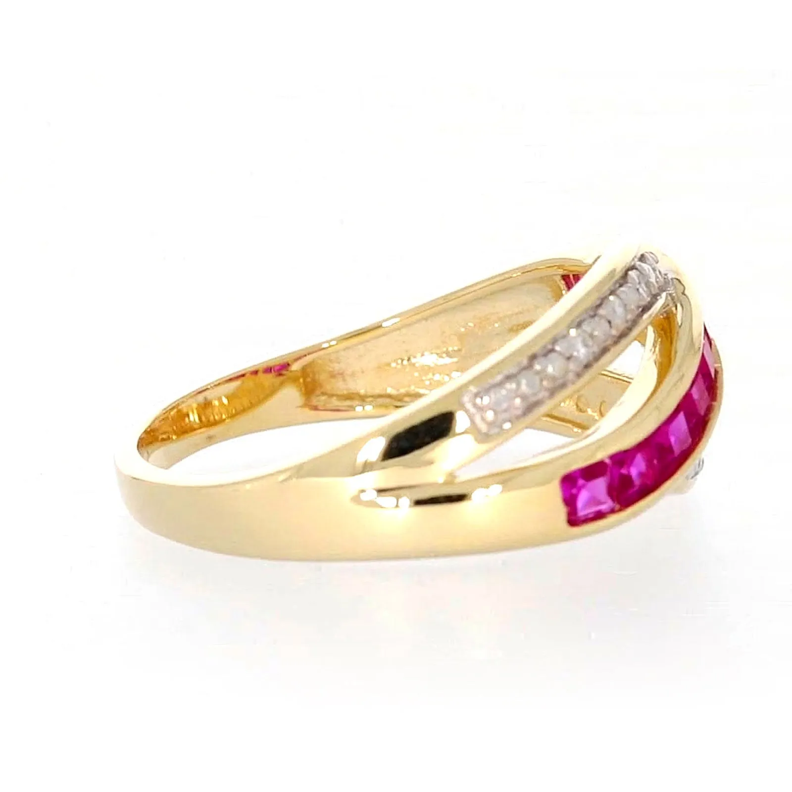 9ct Yellow Gold Square Cut  2 mm Created Ruby Diamond Set Ring