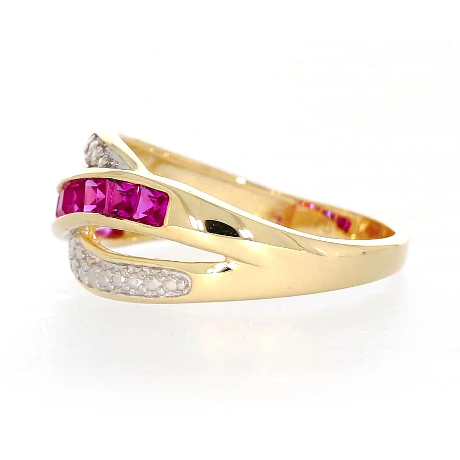 9ct Yellow Gold Square Cut  2 mm Created Ruby Diamond Set Ring