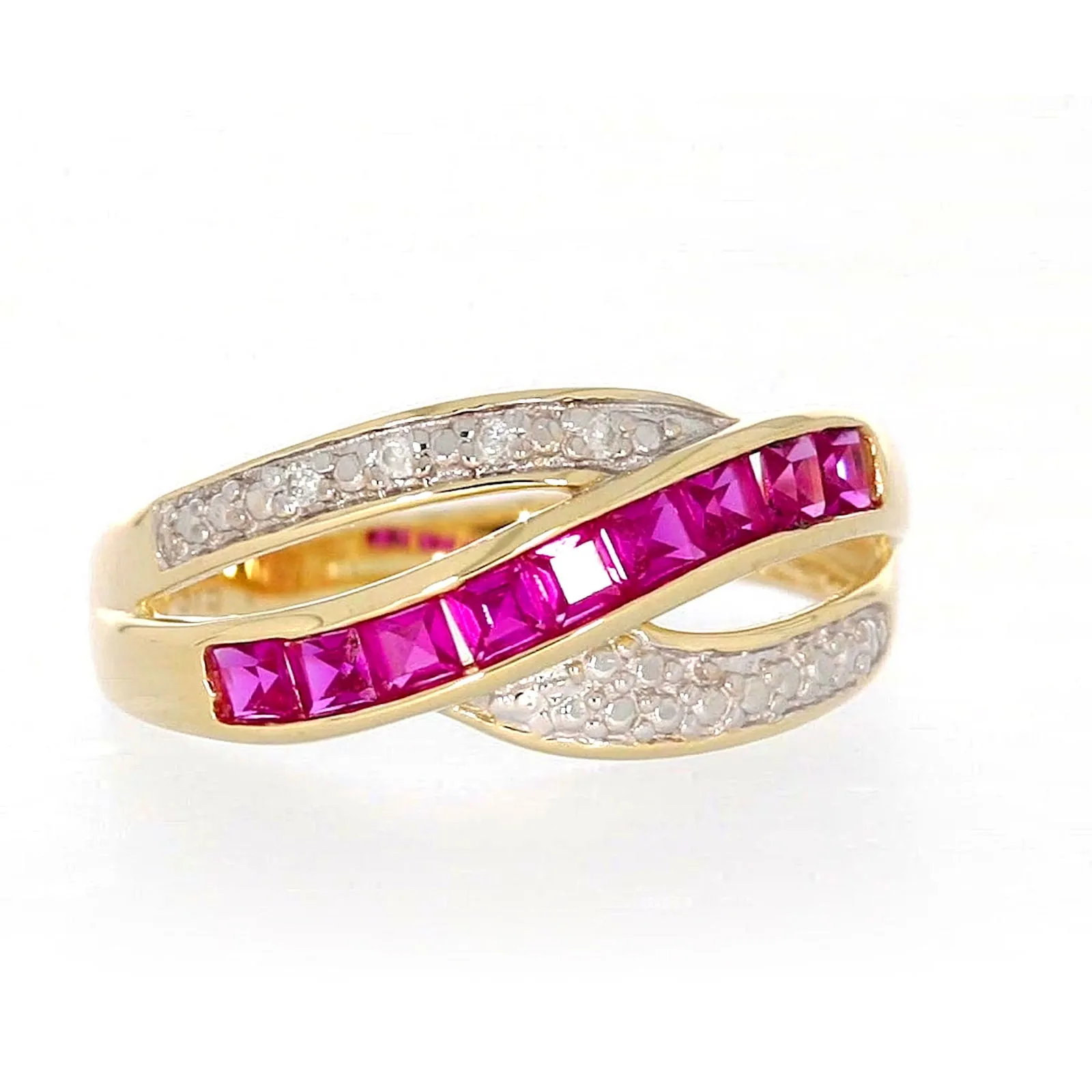 9ct Yellow Gold Square Cut  2 mm Created Ruby Diamond Set Ring