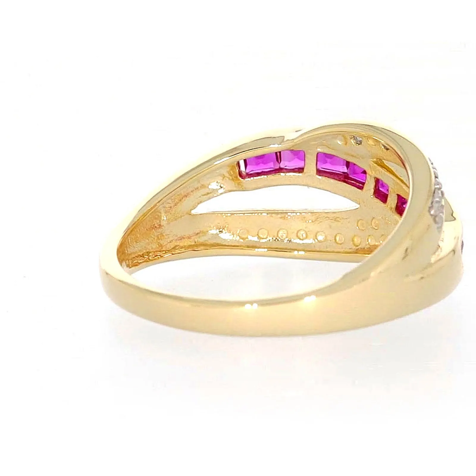 9ct Yellow Gold Square Cut  2 mm Created Ruby Diamond Set Ring