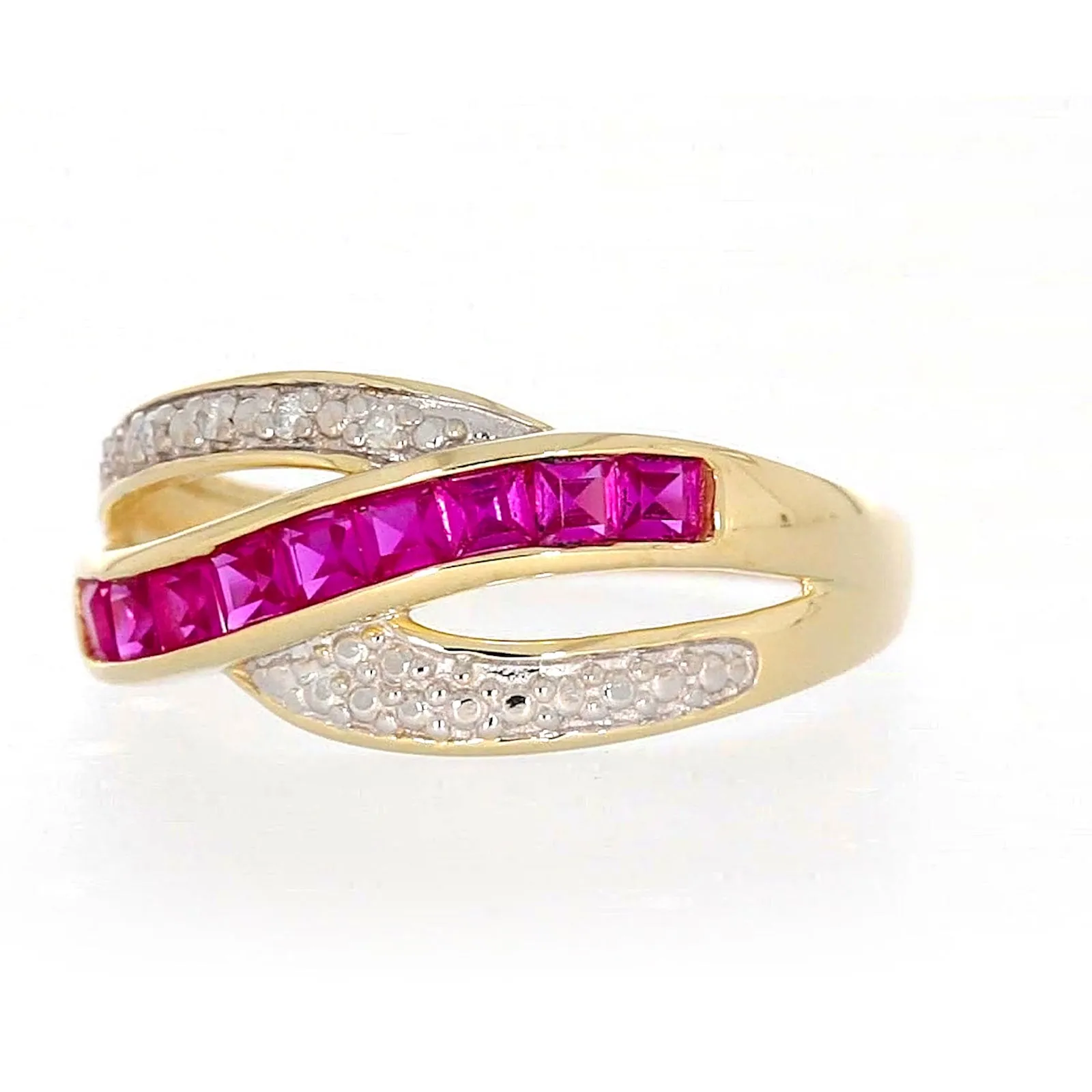 9ct Yellow Gold Square Cut  2 mm Created Ruby Diamond Set Ring