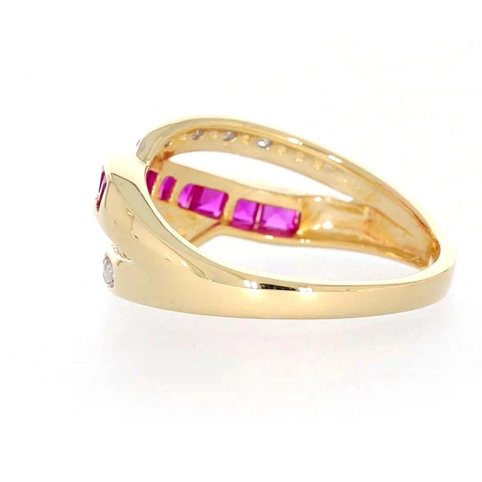9ct Yellow Gold Square Cut  2 mm Created Ruby Diamond Set Ring