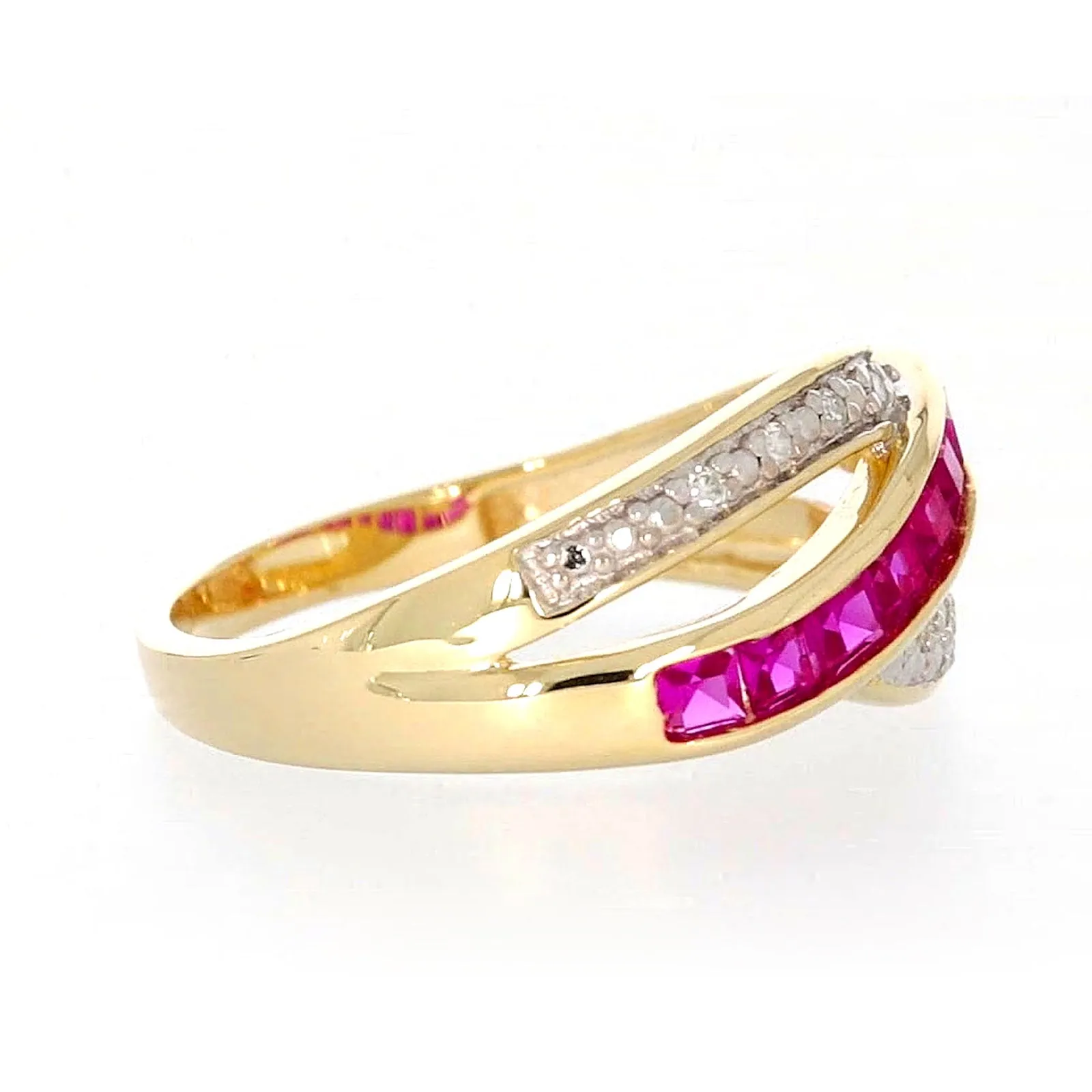 9ct Yellow Gold Square Cut  2 mm Created Ruby Diamond Set Ring