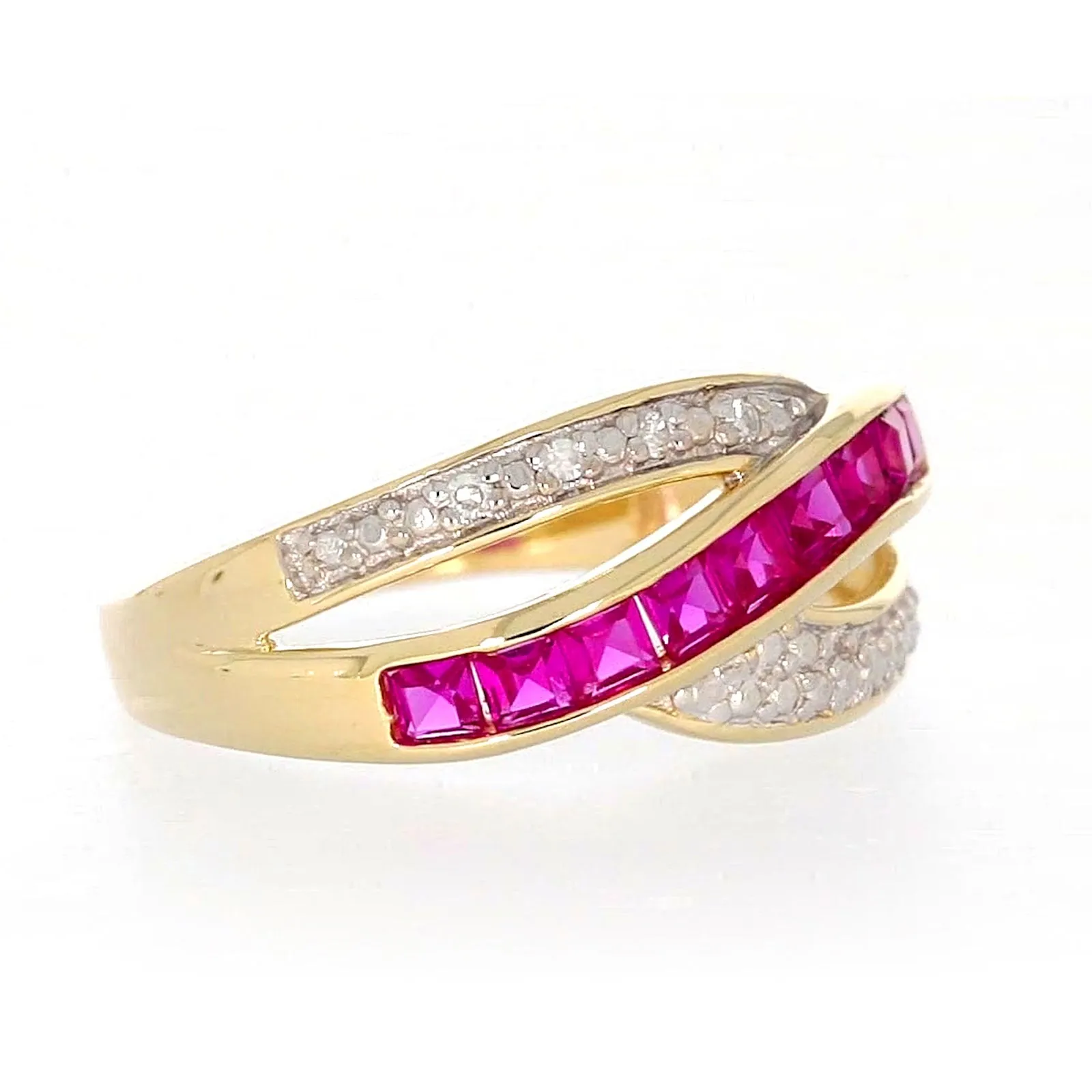 9ct Yellow Gold Square Cut  2 mm Created Ruby Diamond Set Ring