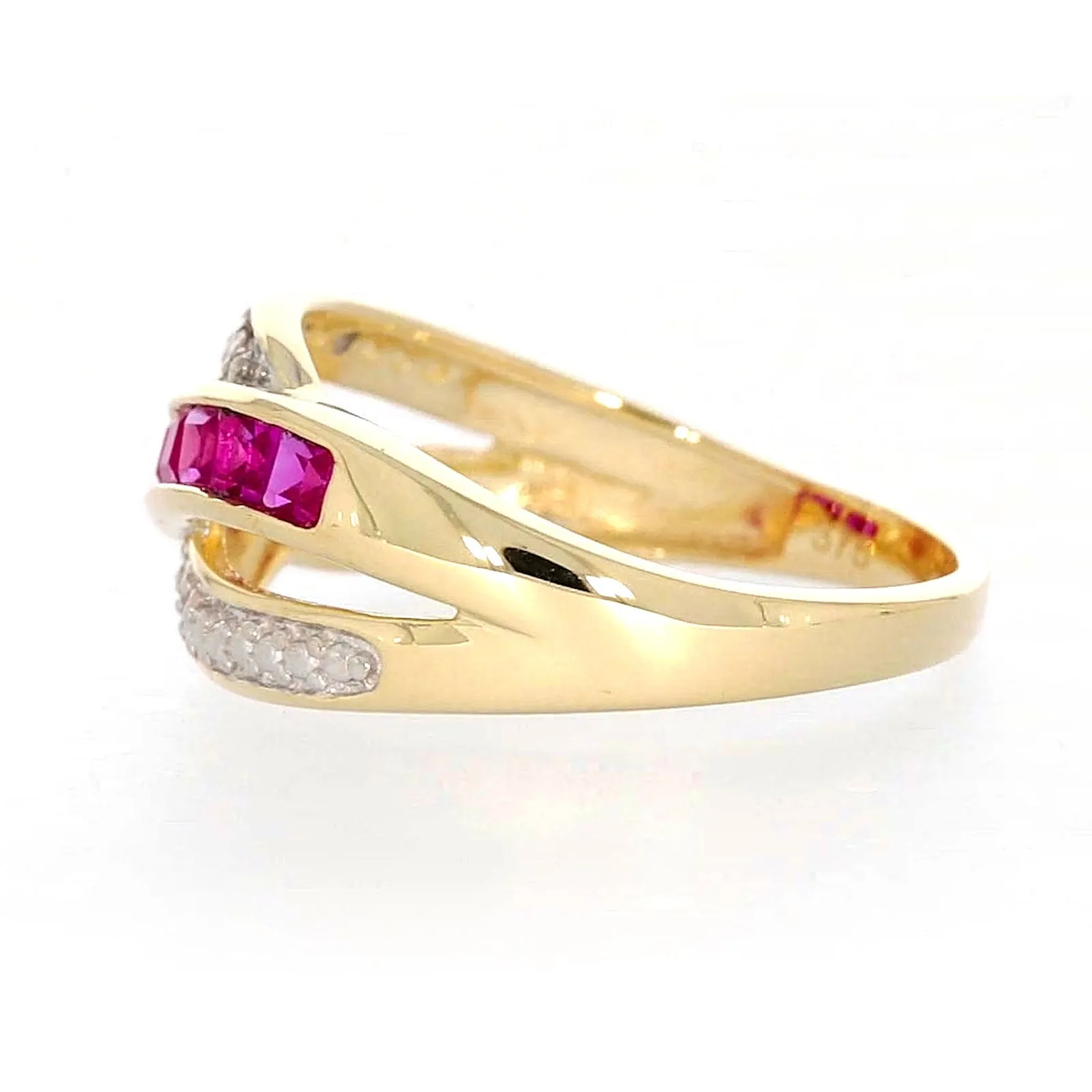 9ct Yellow Gold Square Cut  2 mm Created Ruby Diamond Set Ring