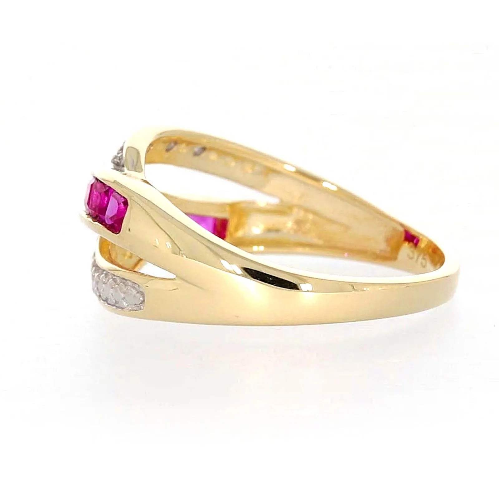 9ct Yellow Gold Square Cut  2 mm Created Ruby Diamond Set Ring
