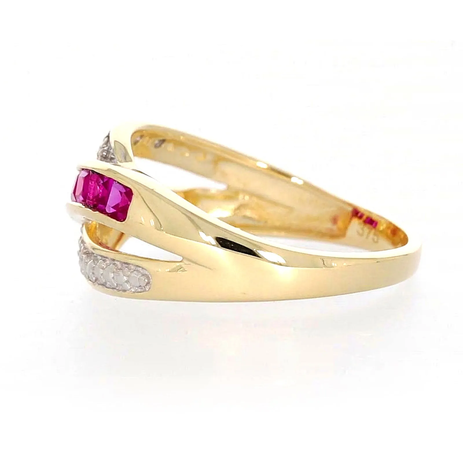 9ct Yellow Gold Square Cut  2 mm Created Ruby Diamond Set Ring